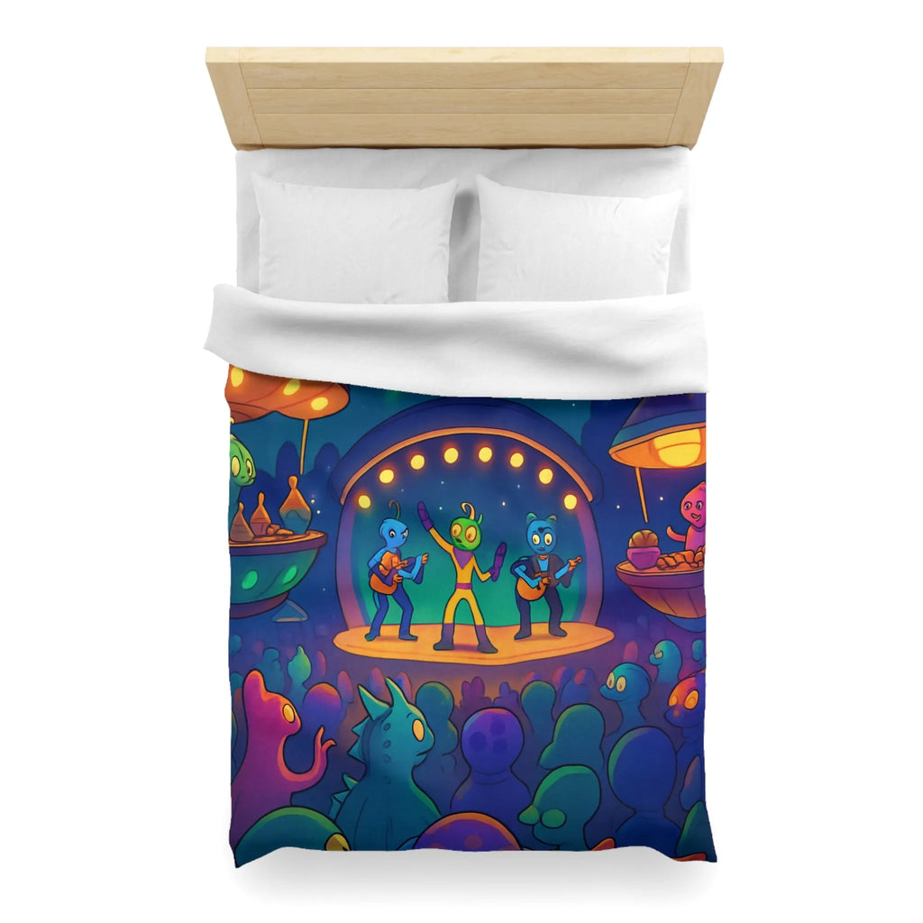 Housse de couette illustrée d'aliens en concert sous des aurores boréales éclatantes