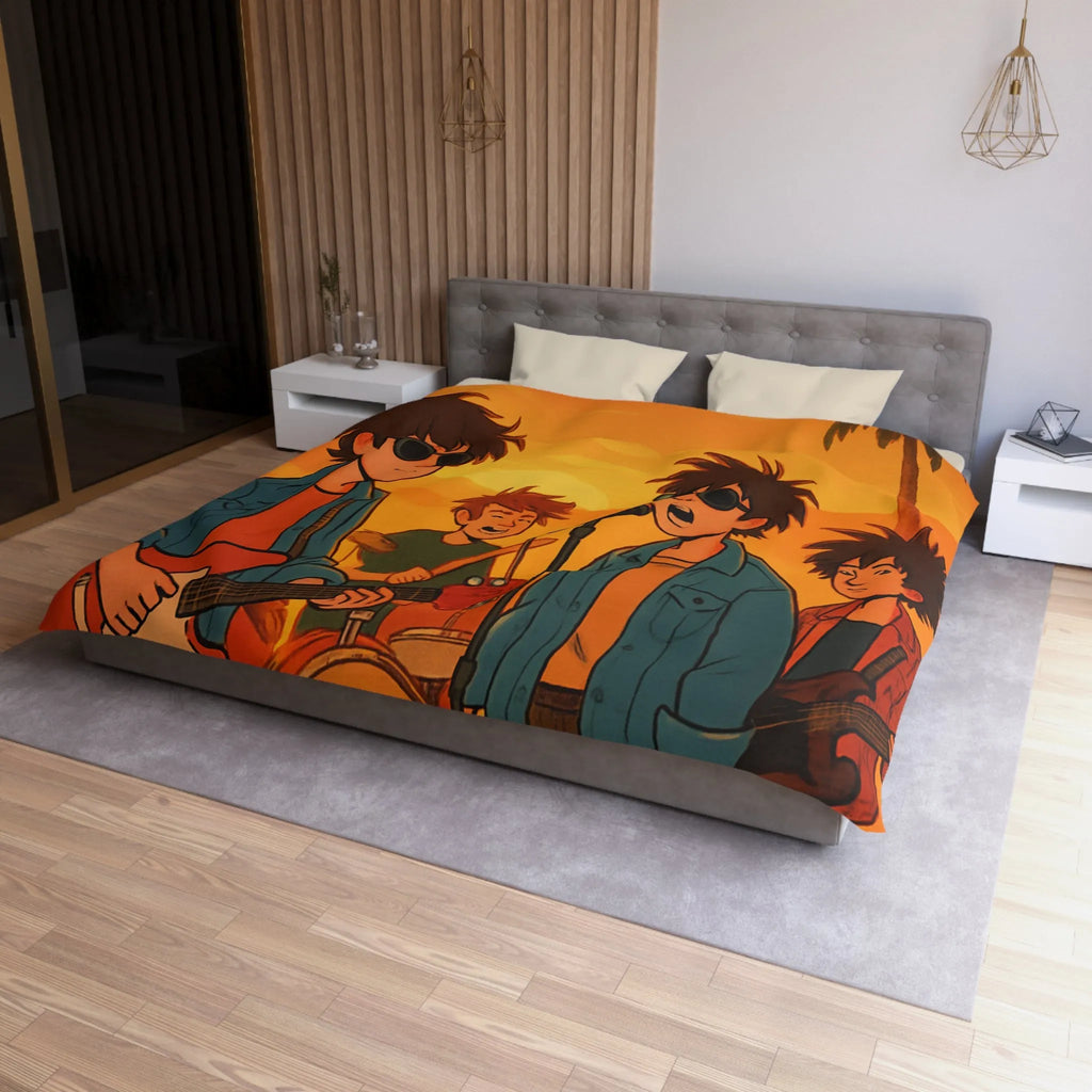 Housse de couette ensoleillée avec musiciens, ambiance rétro pour chambres modernes et vintage