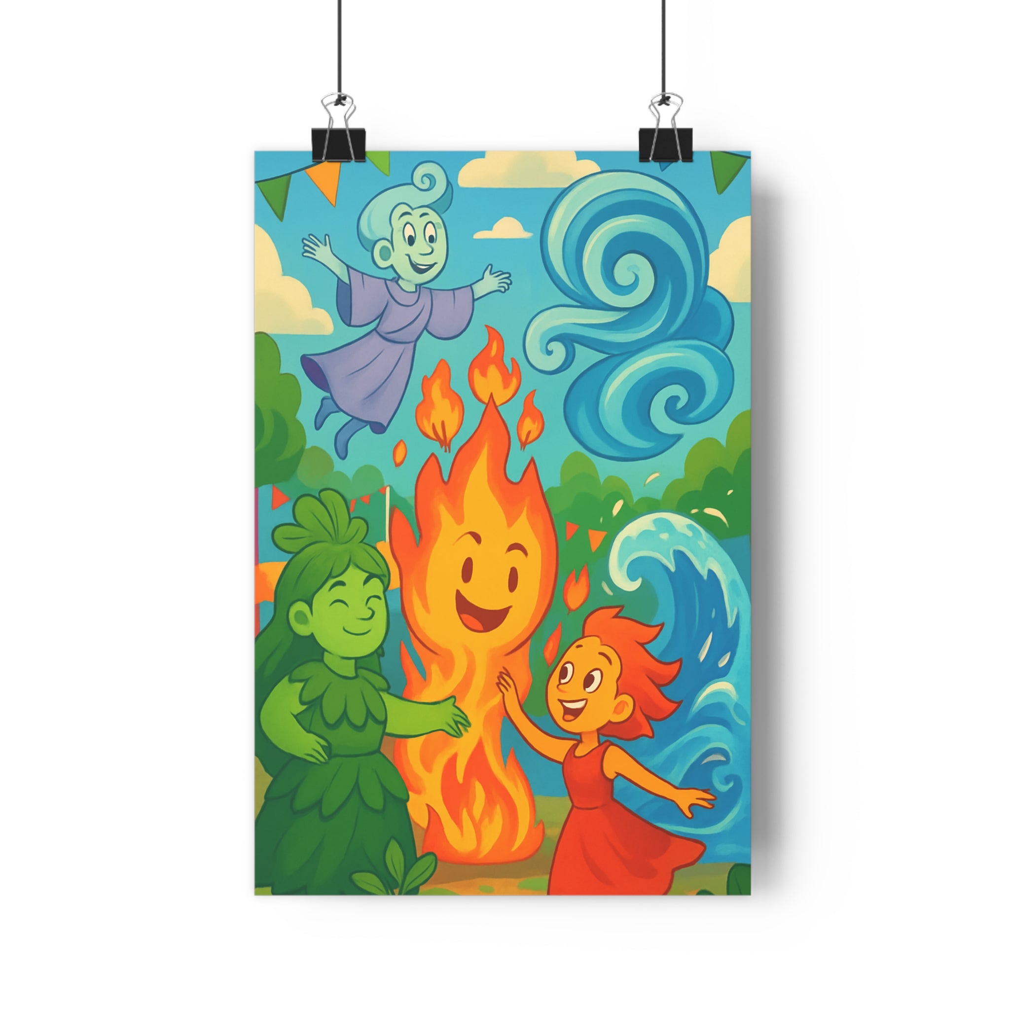 Poster décoratif cartoon joyeux bleu vert rouge chambre enfant magique éléments naturels ludique festival