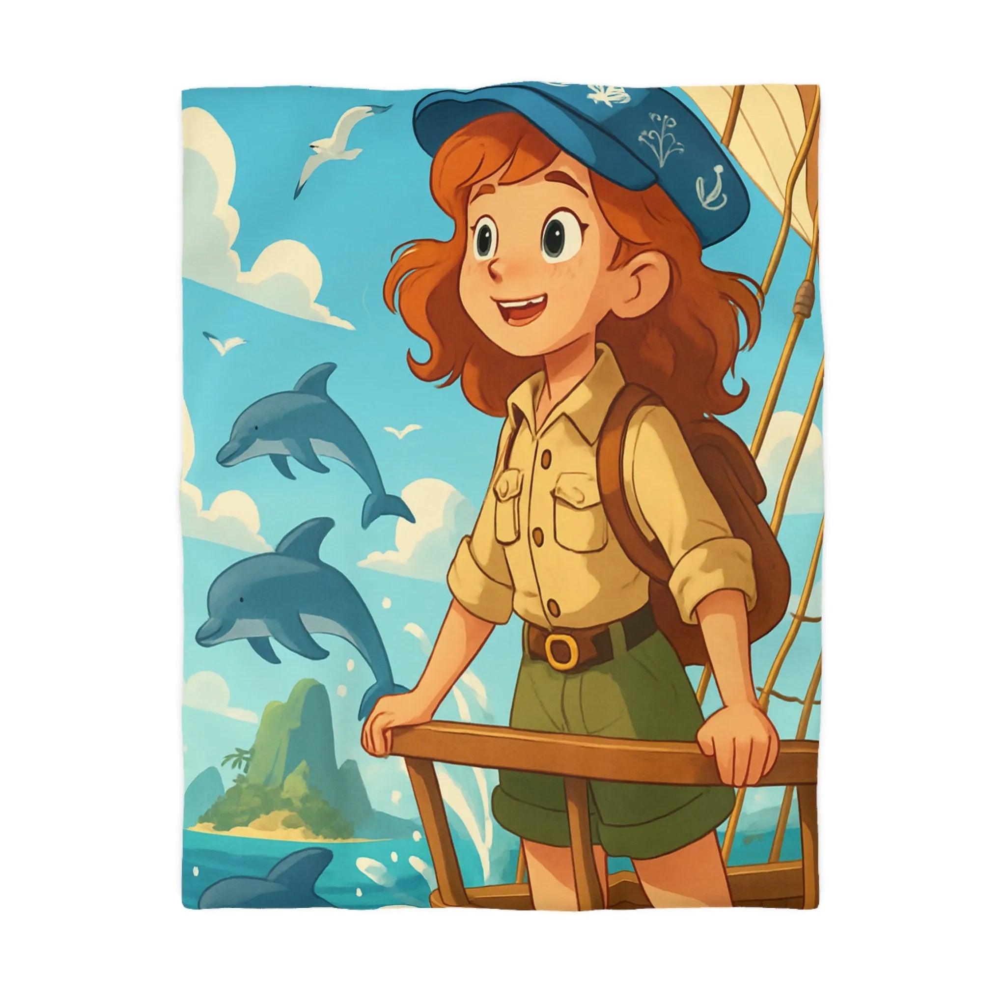 Housse de couette aventure nautique enfantine avec dauphins, voile et exploration marine animée