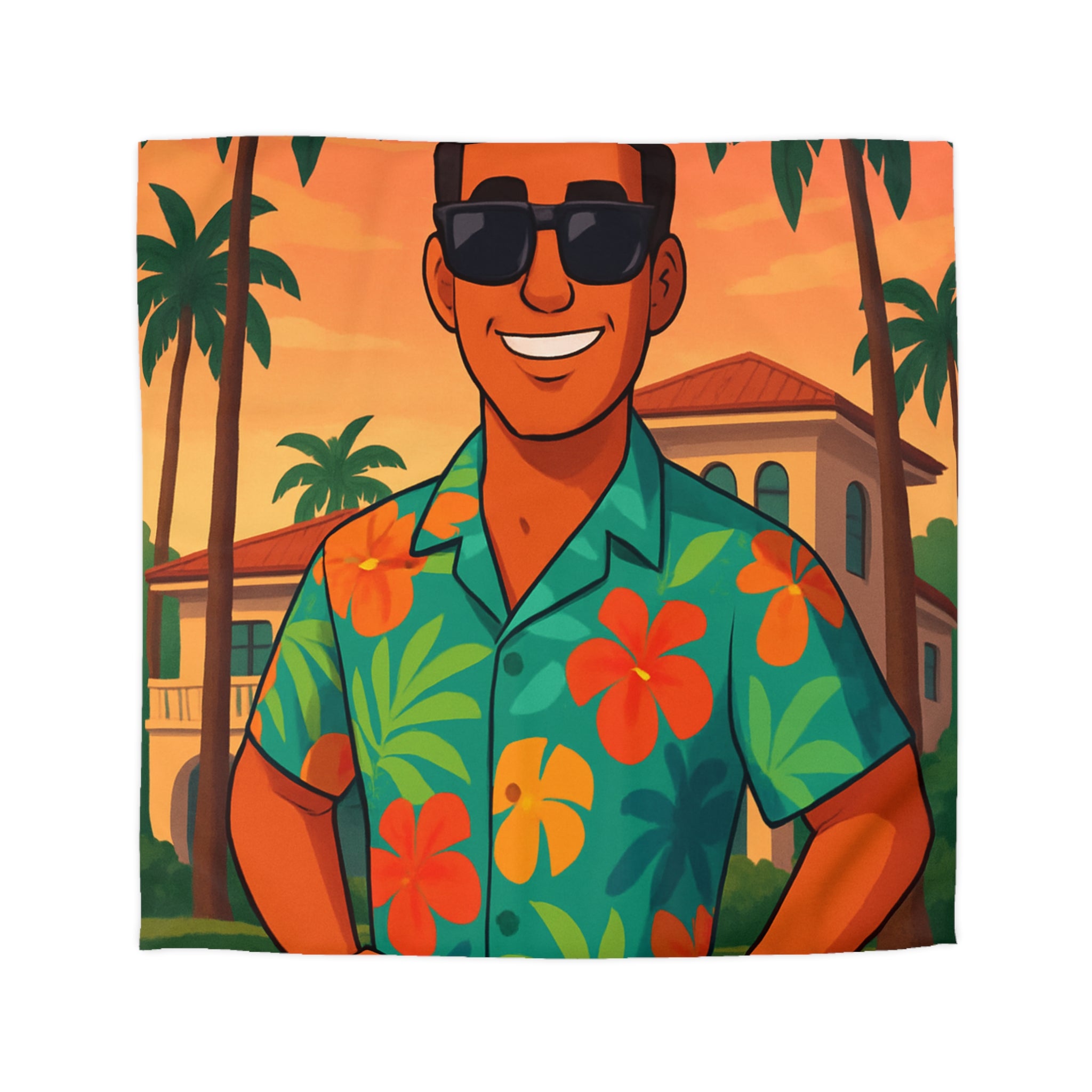 Housse de couette tropicale avec personnage souriant en chemise hawaïenne et palmiers