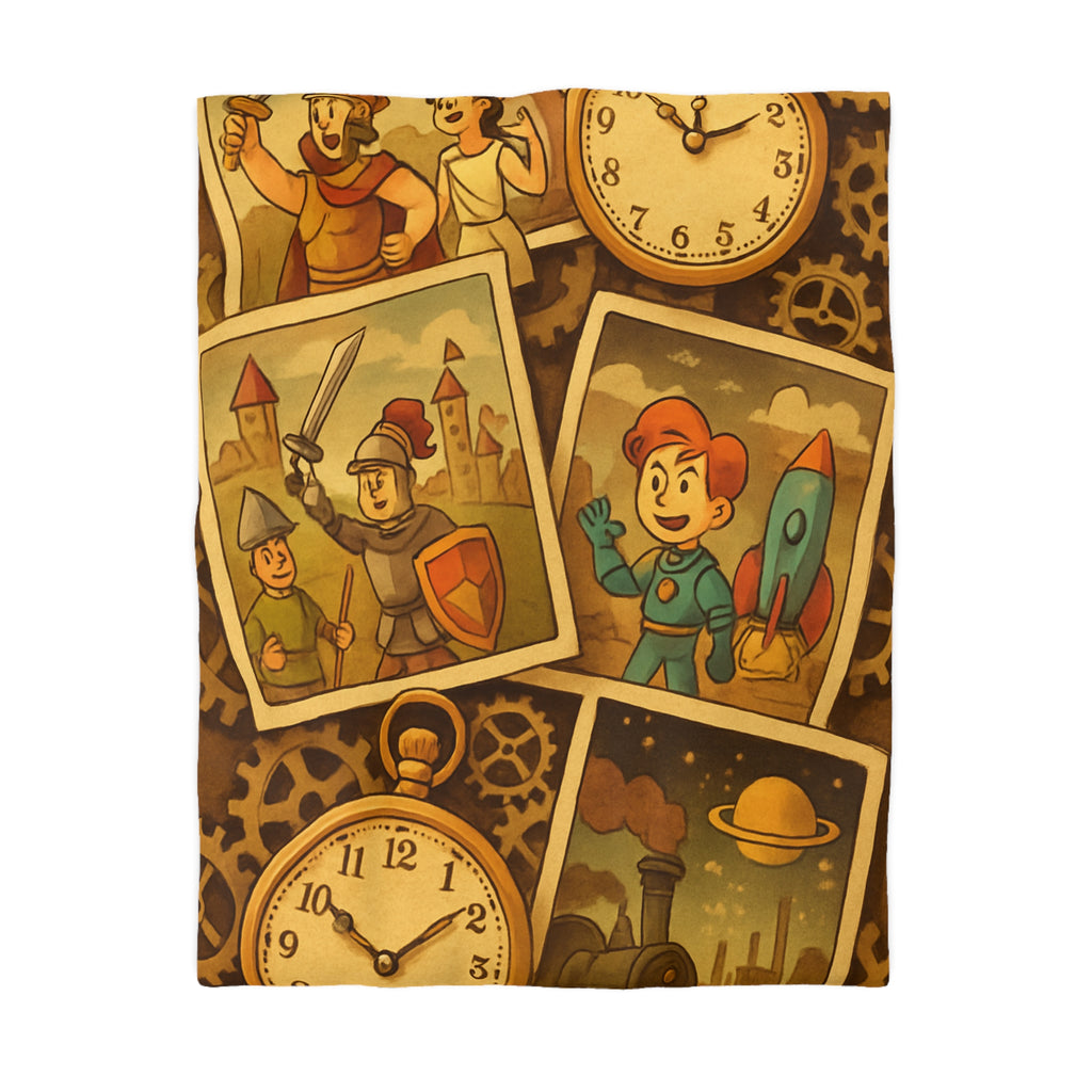 Housse de couette rétro avec horloges, conquérants et thème d'exploration spatiale et historique