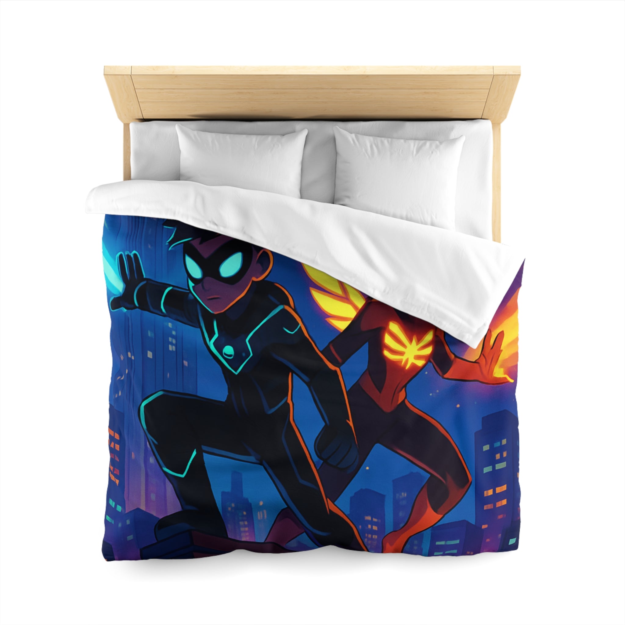 Housse de couette super-héros urbain : ambiance dynamique, couleurs vives, motifs modernes et audacieux