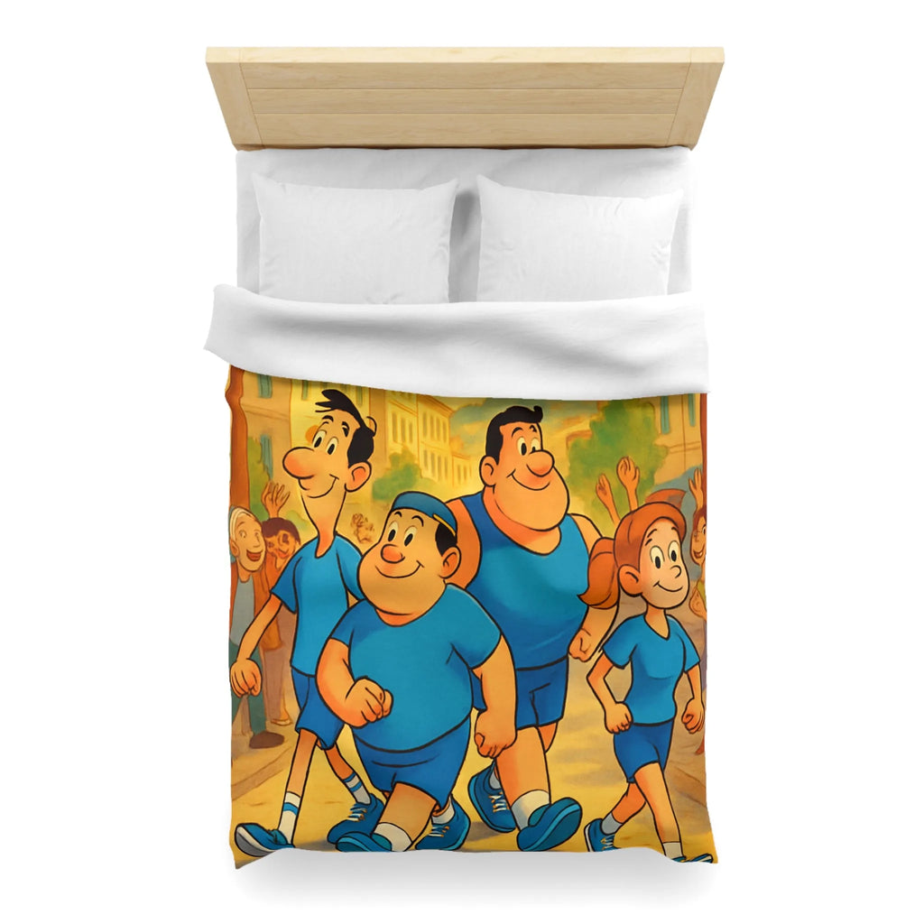 Housse de couette colorée avec personnages marchant joyeusement dans une rue animée