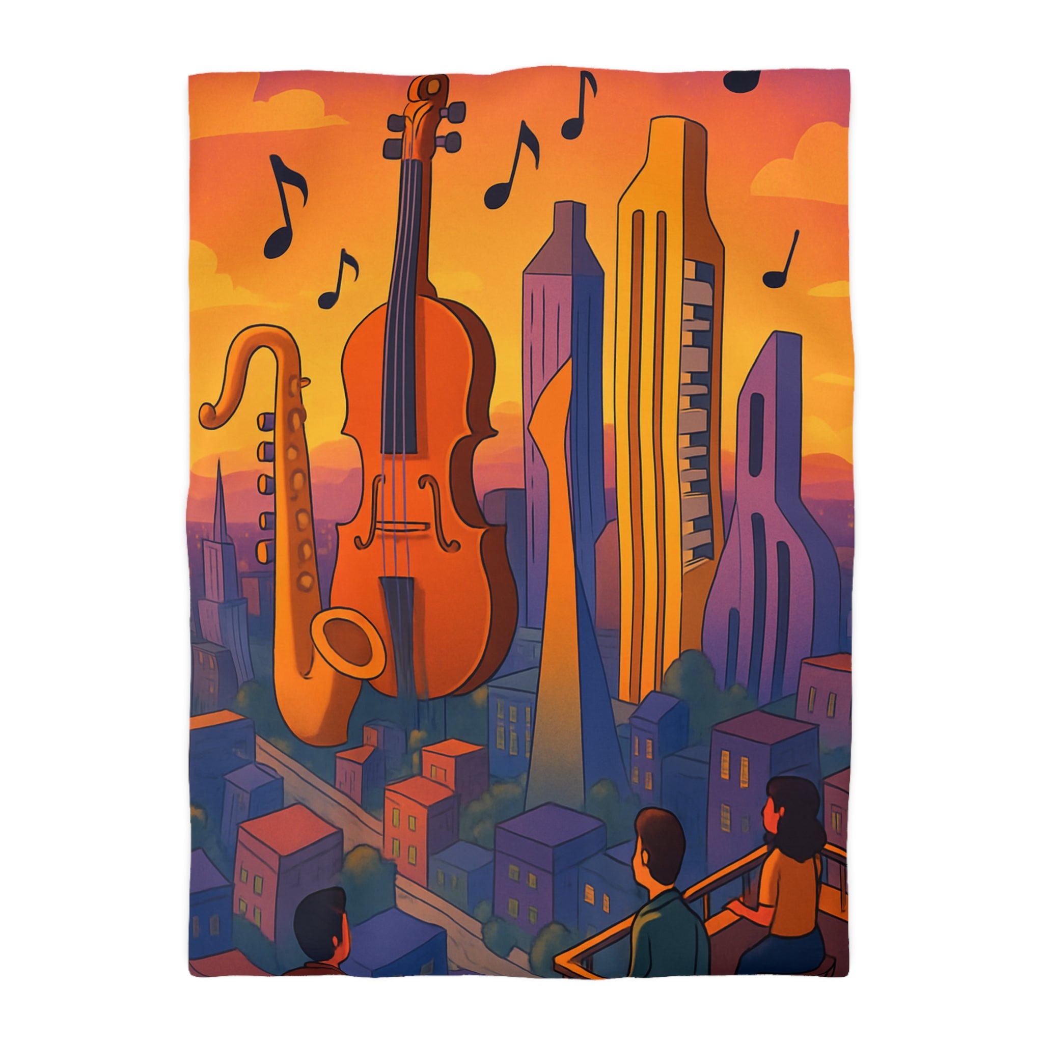 Housse de couette urbaine avec des instruments géants flottant au coucher de soleil vibrant