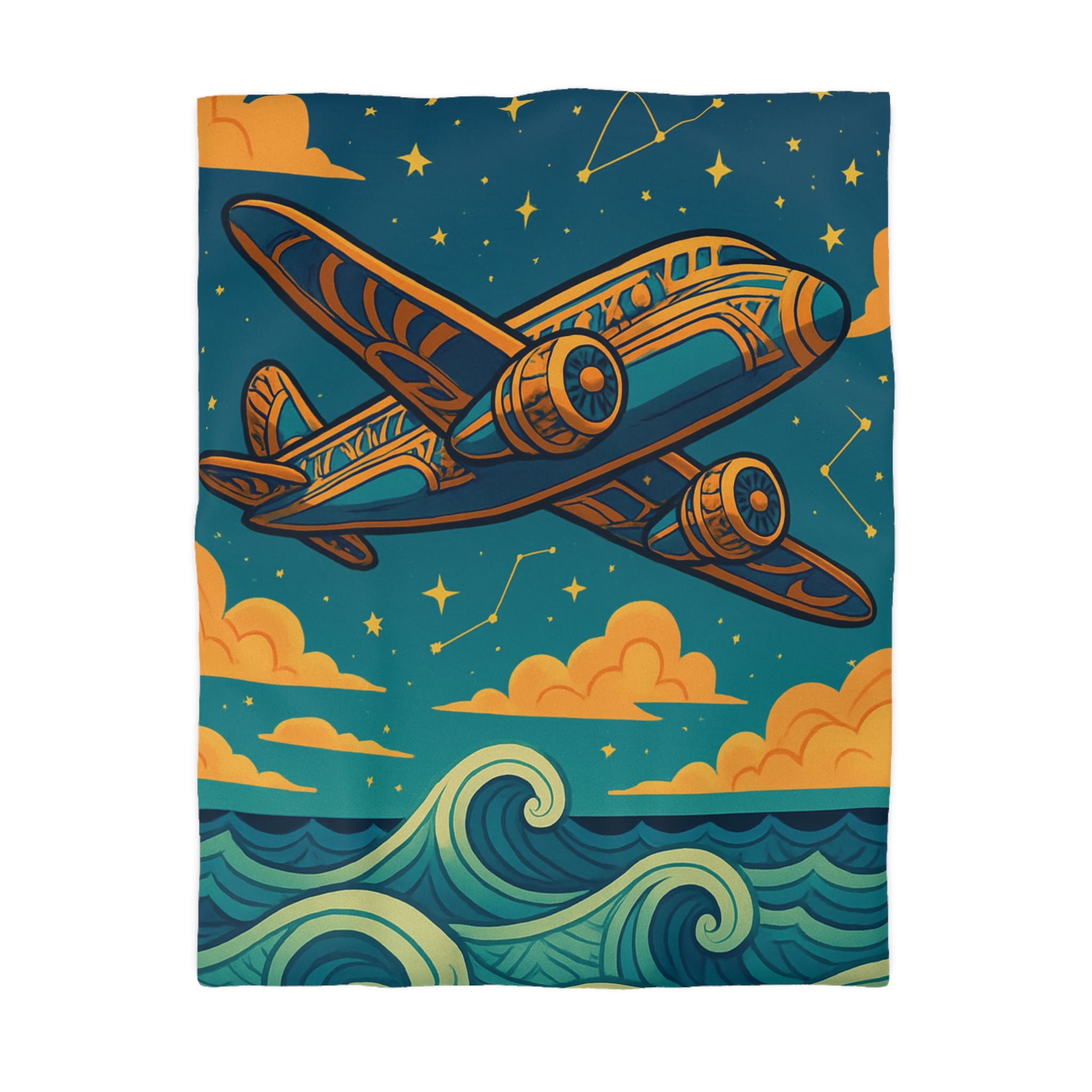 Housse de couette vintage avion voyageur sur ciel étoilé et mer tourmentée