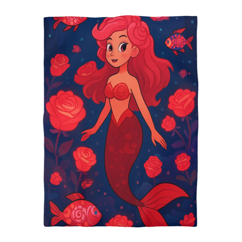 Enchantante scène de sirène rouge entourée de roses lumineuses et poissons fascinants