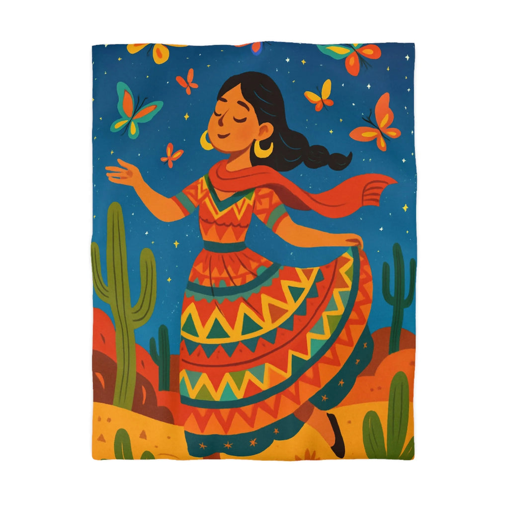 Housse de couette design vibrant danseuse avec papillons et paysage désert étoilé