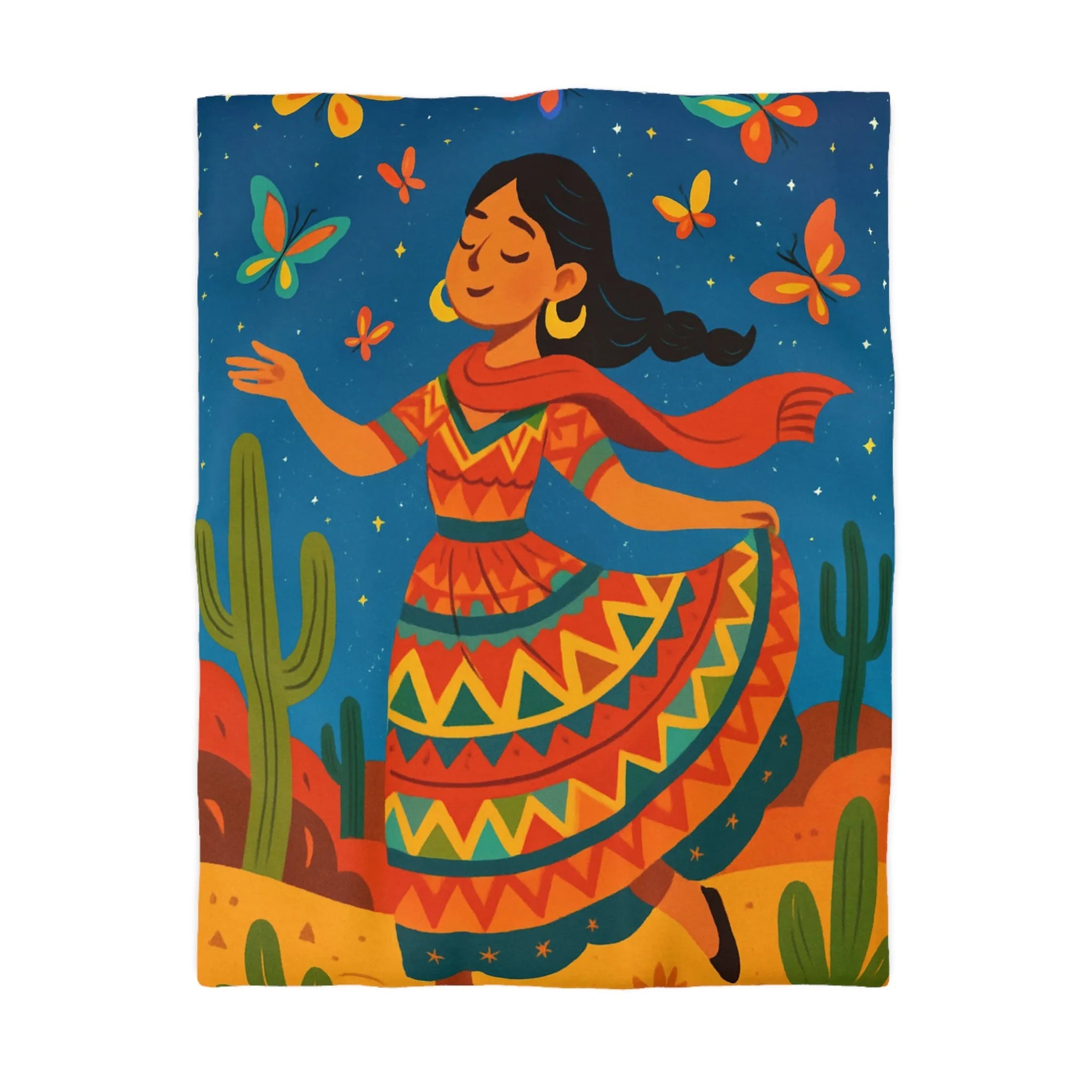 Housse de couette design vibrant danseuse avec papillons et paysage désert étoilé