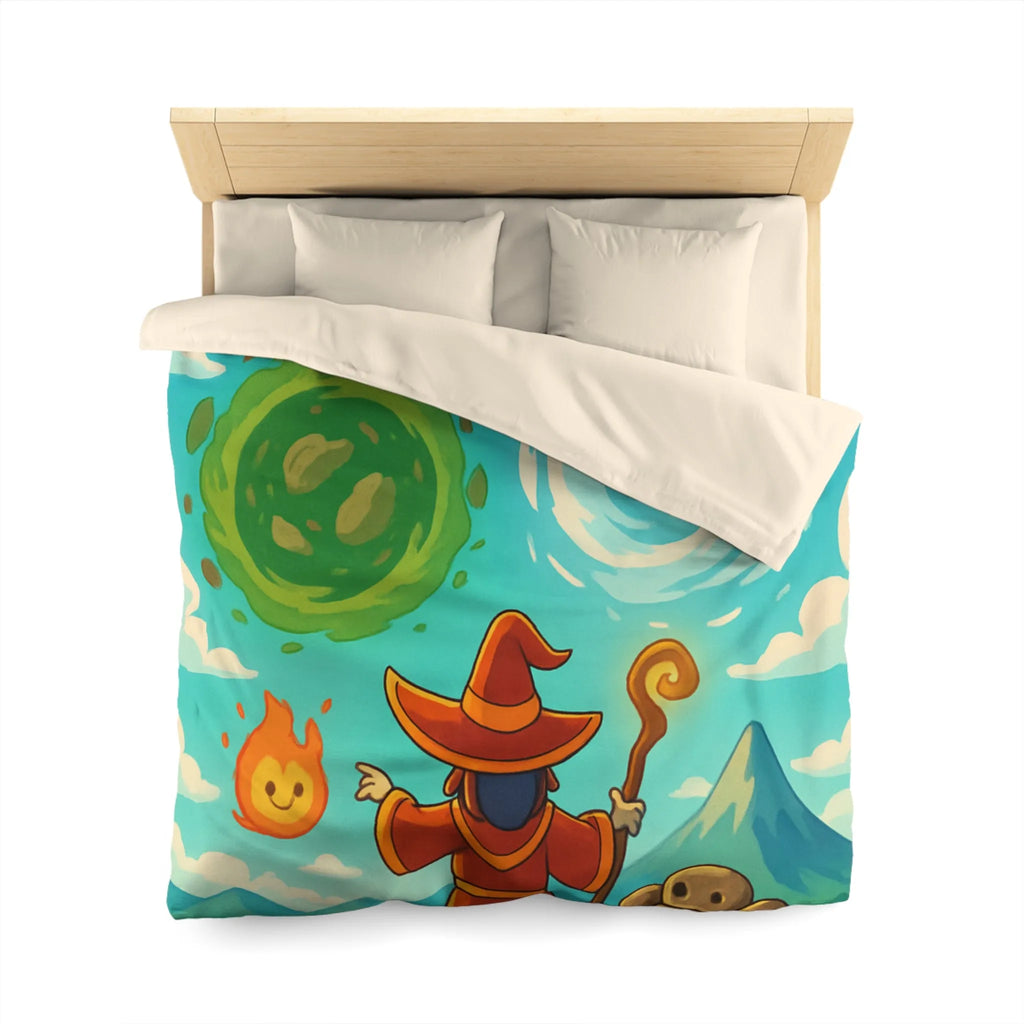 Housse de couette avec illustration magique de sorcier, élémentaires et paysage vibrant