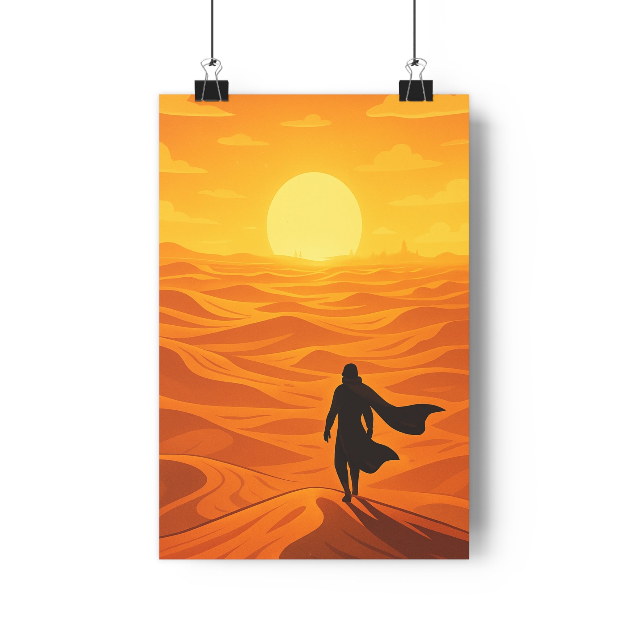 Poster décoratif anime désert coucher soleil silhouette humaine ambiance sereine salon chambre jaune qualité