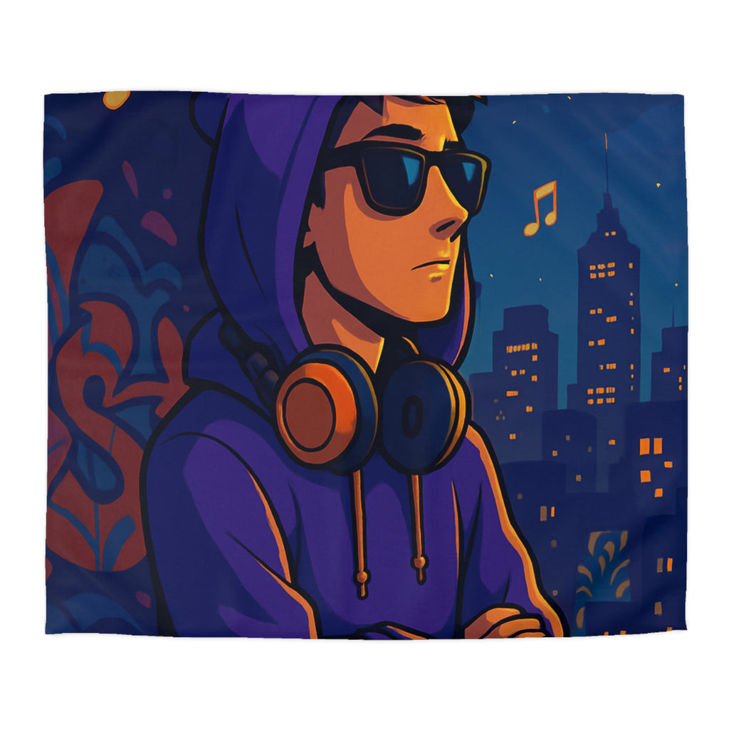 Housse de Couette Style Urbain avec Motifs Musique et Paysage Nocturne Animé