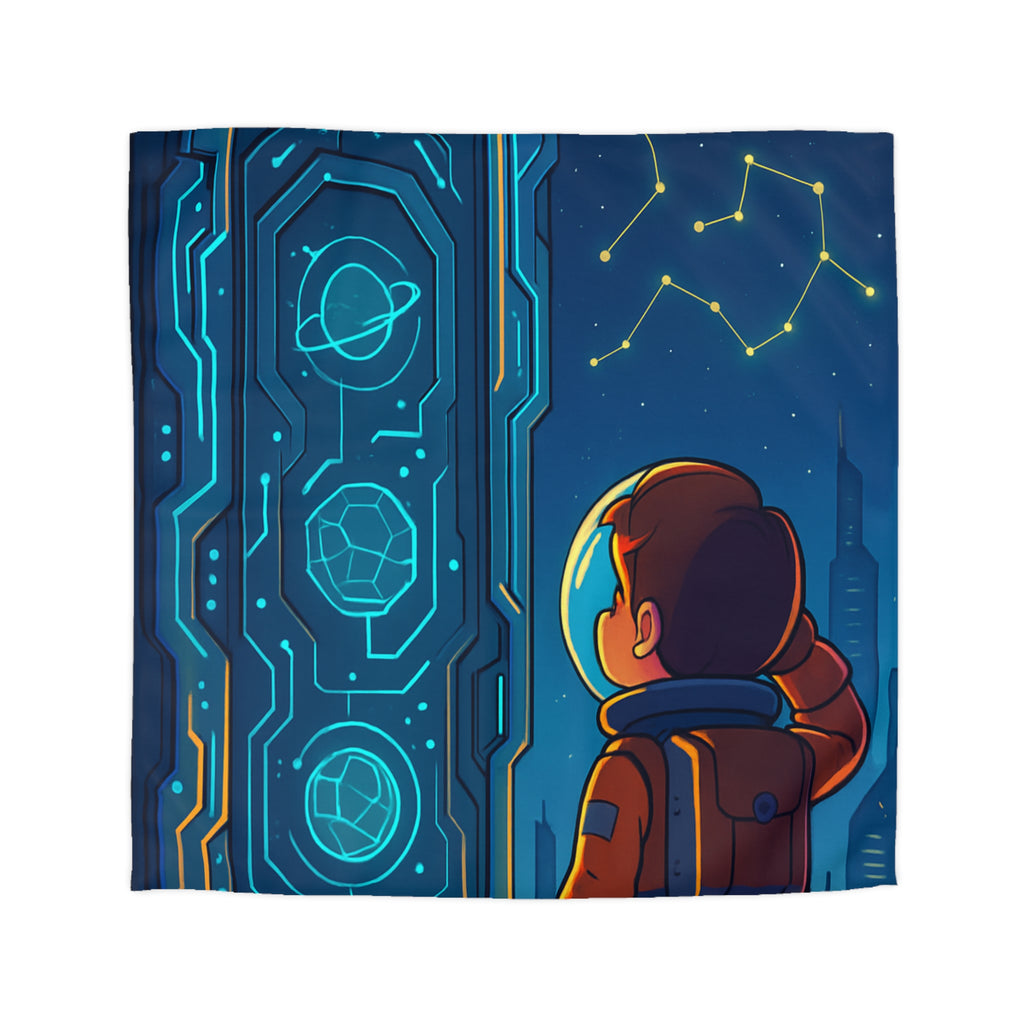 Spacieux design illustrant astronaute devant porte futuriste et constellations étoilées