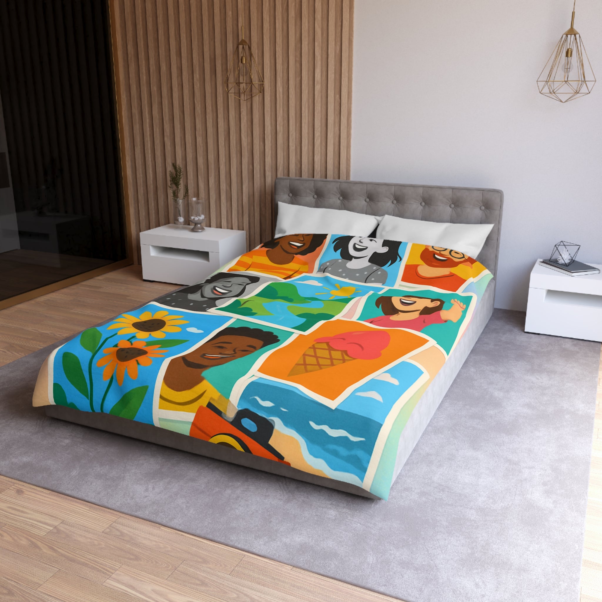 Vibrante housse de couette colorée avec portraits joyeux et paysages ensoleillés pour chambre