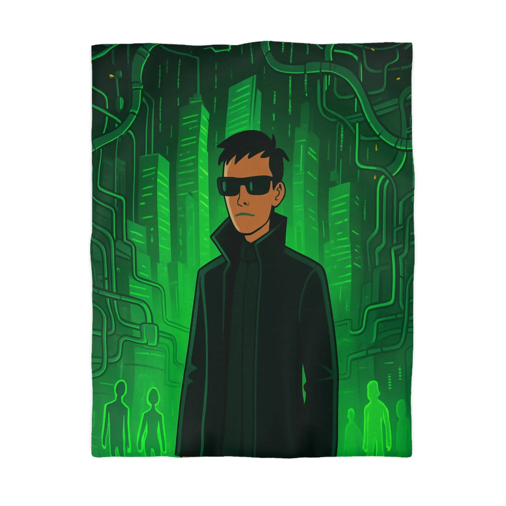 Housse de couette design futuriste vert avec motif personnage et ville numérique