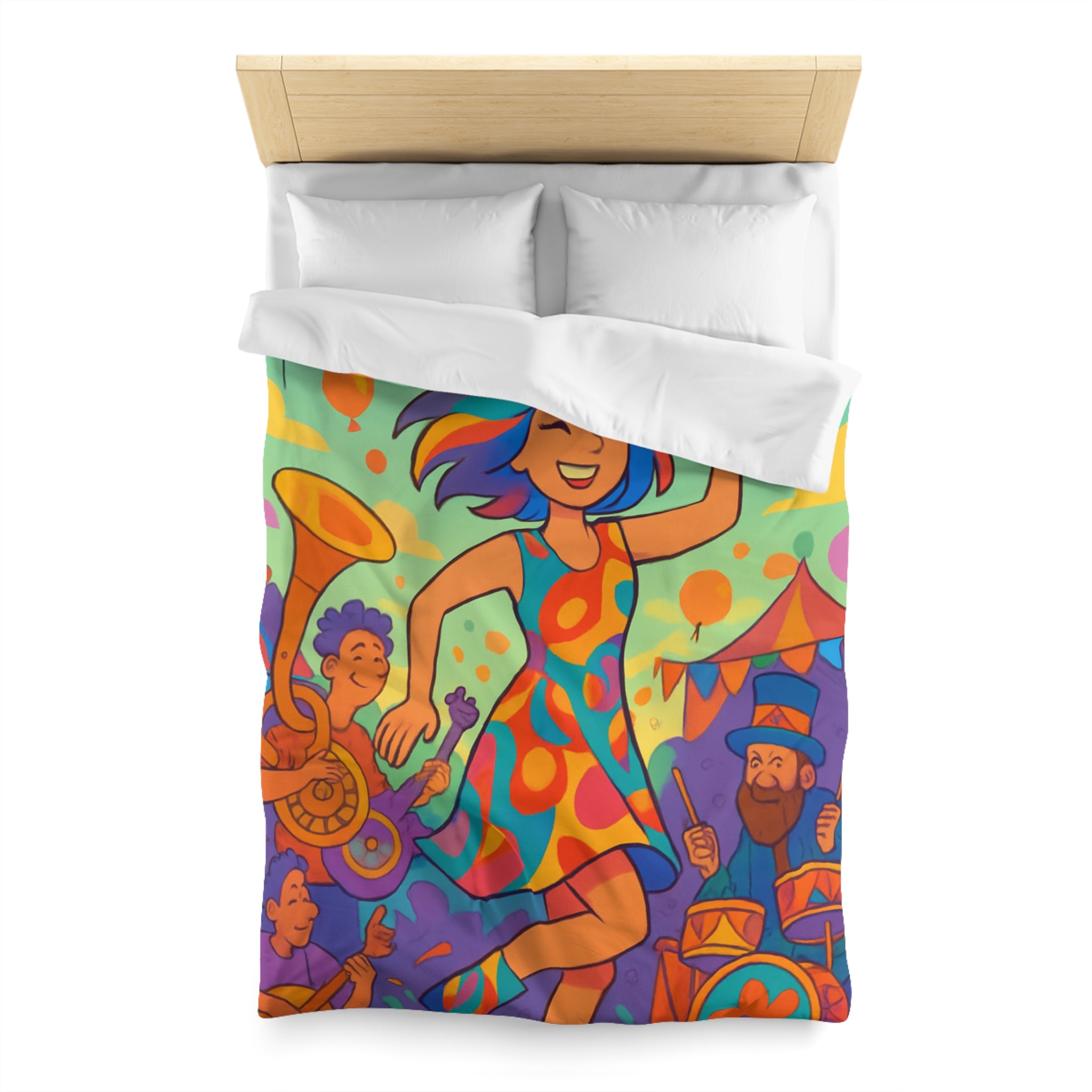 Housse de couette multicolore avec motif de fête joyeuse et personnages dansants