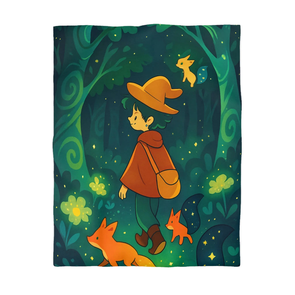 Housse de Couette Forêt Enchantée Enfants Renards Orange Jaune Vert Fantaisie Nuit