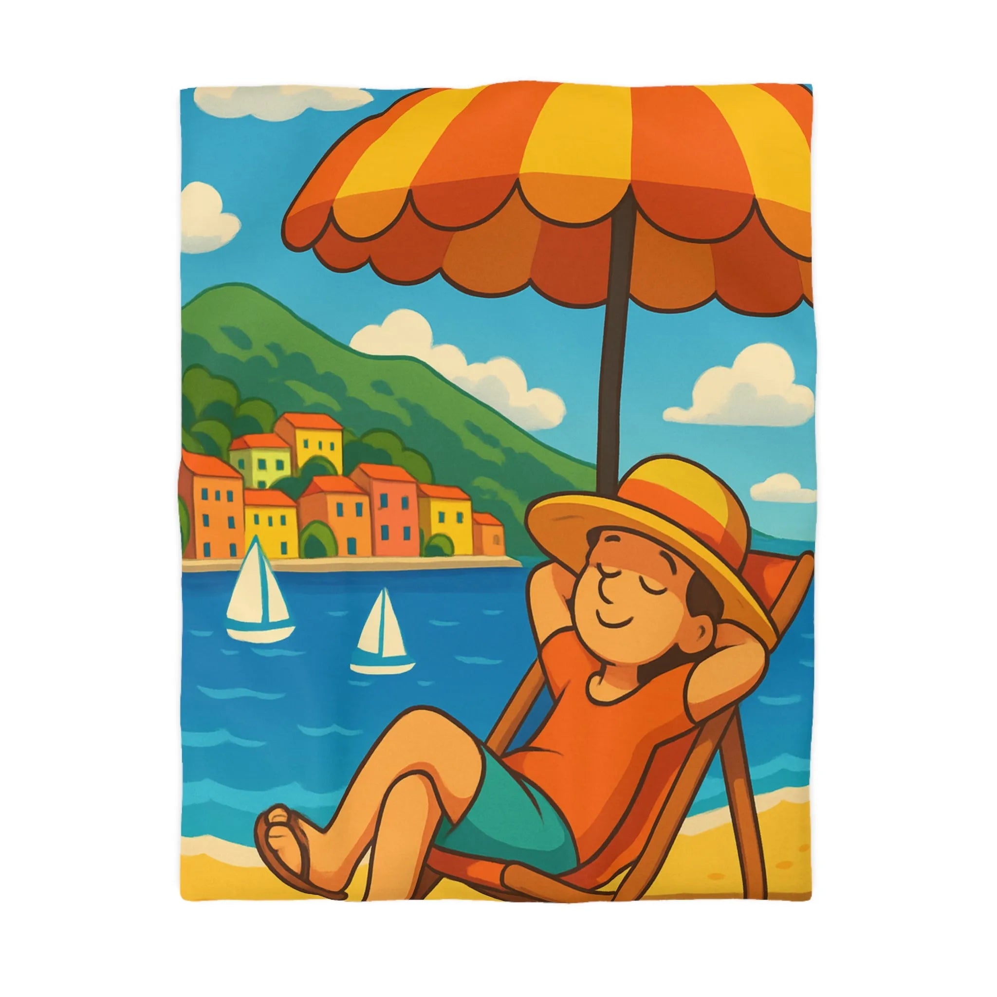 Housse de Couette Colorée Plage avec Parasol, Mer et Voiliers Décontractés Illustration
