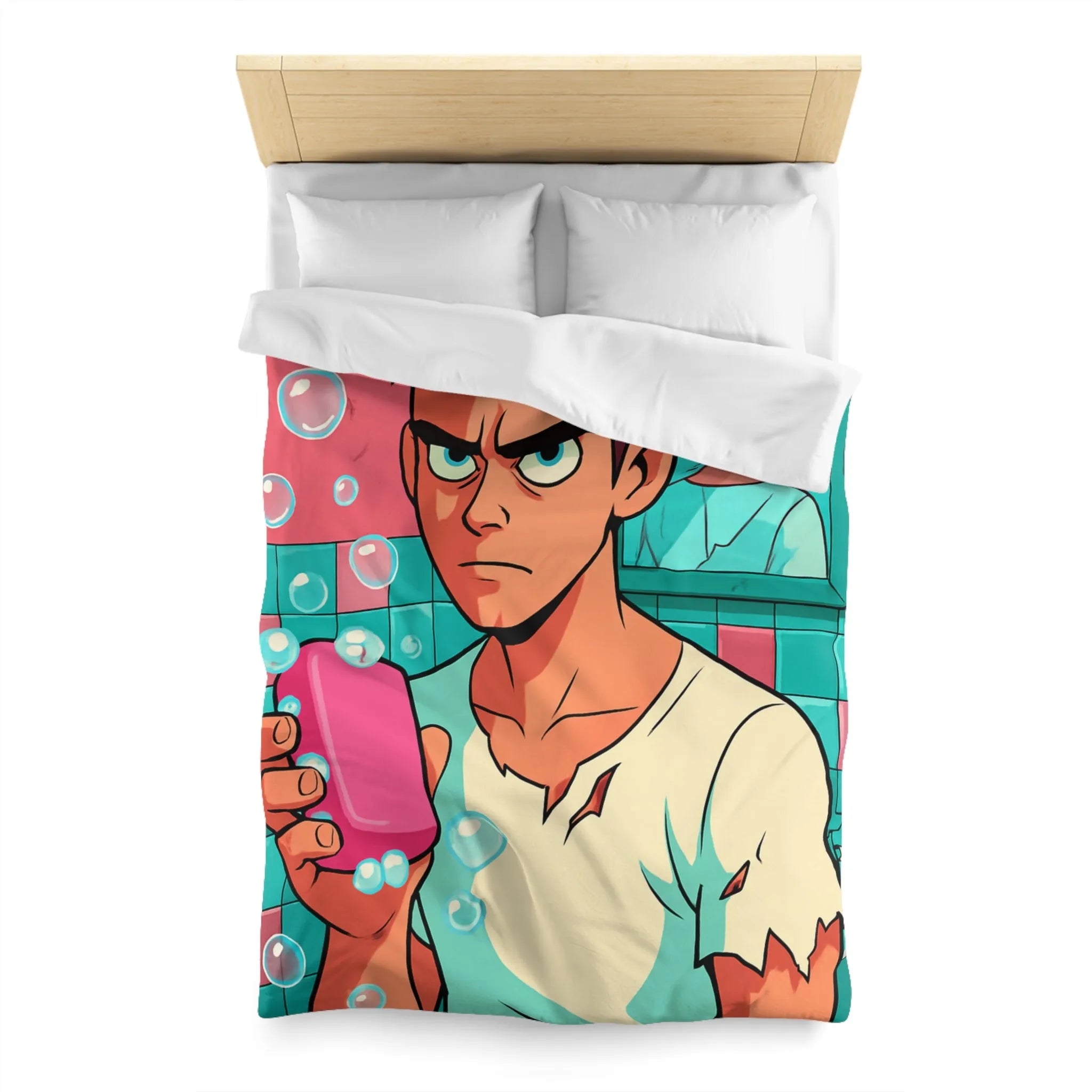 Housse de Couette avec Jeune Homme Déterminé Tenant Un Savon Rose en Colère