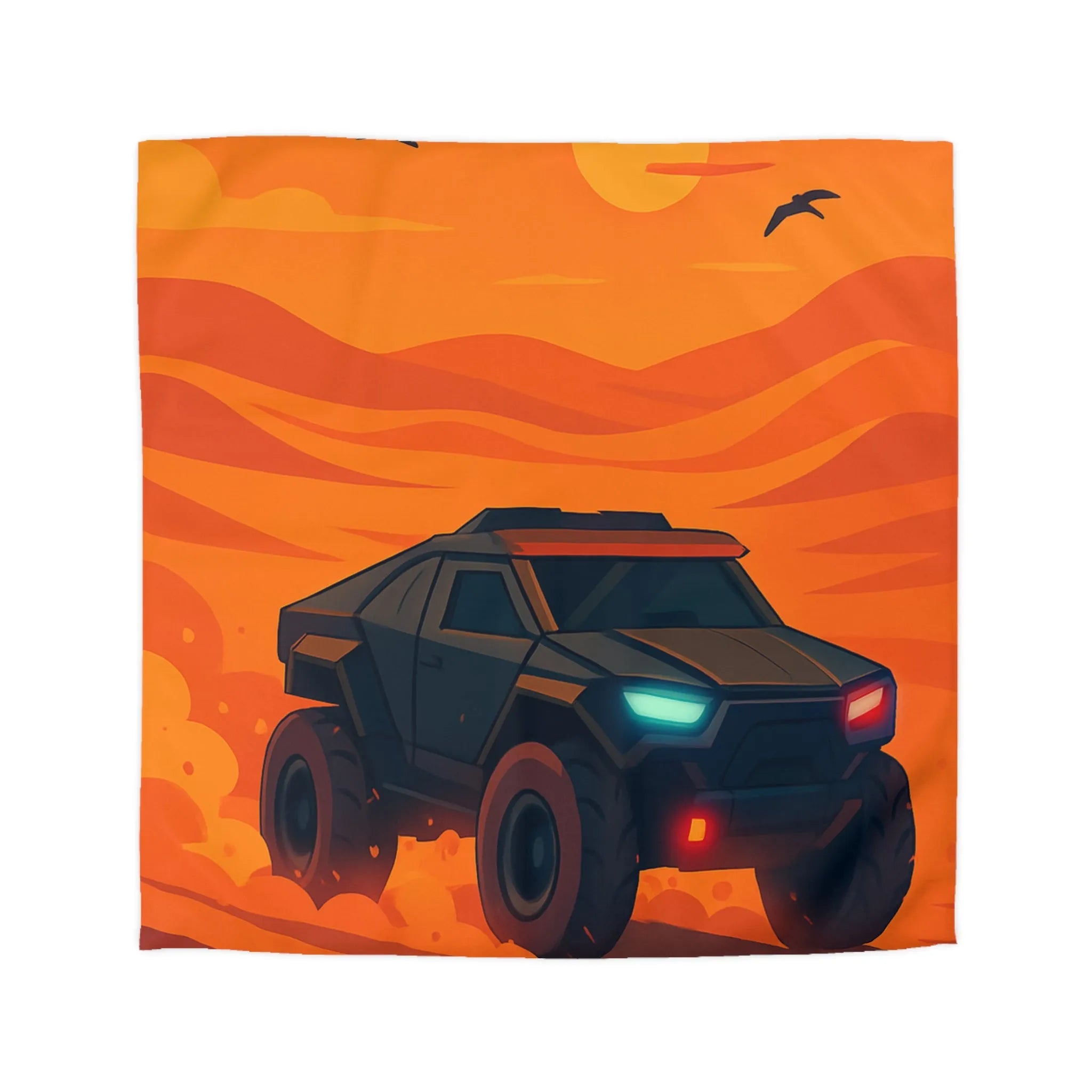 Housse de couette avec design de voiture tout-terrain dans désert orange au coucher du soleil