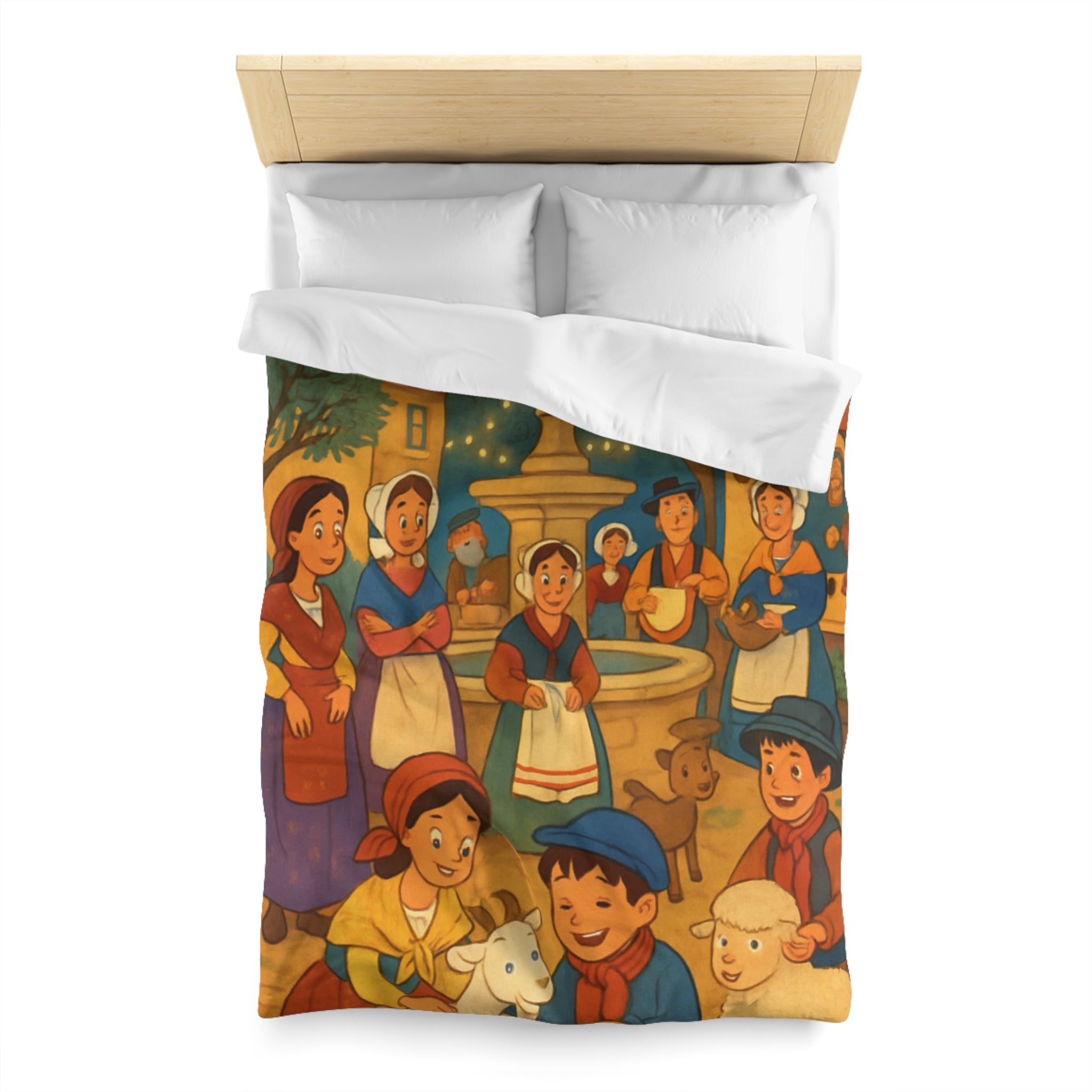 Housse de couette pour enfants avec scène villageoise festive et animaux mignons joyeux