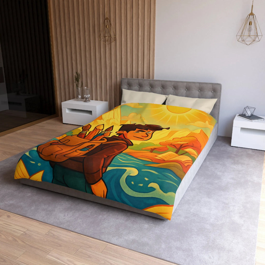 Housse de couette artistique colorée avec paysage lumineux et personnage aventureux dessiné