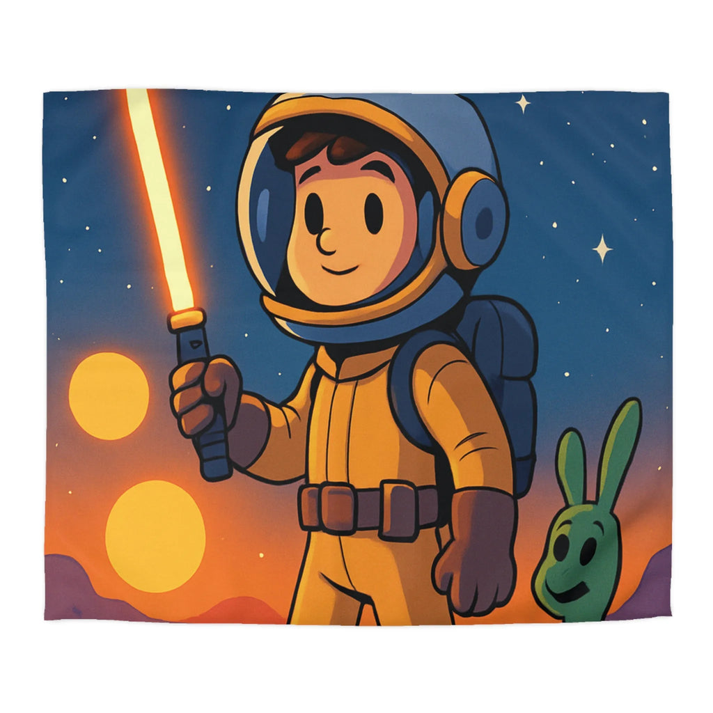 Adorable Espace: Astronaute Enfant Avec Épée Lumineuse Et Créatures Amusantes Sur Une Planet