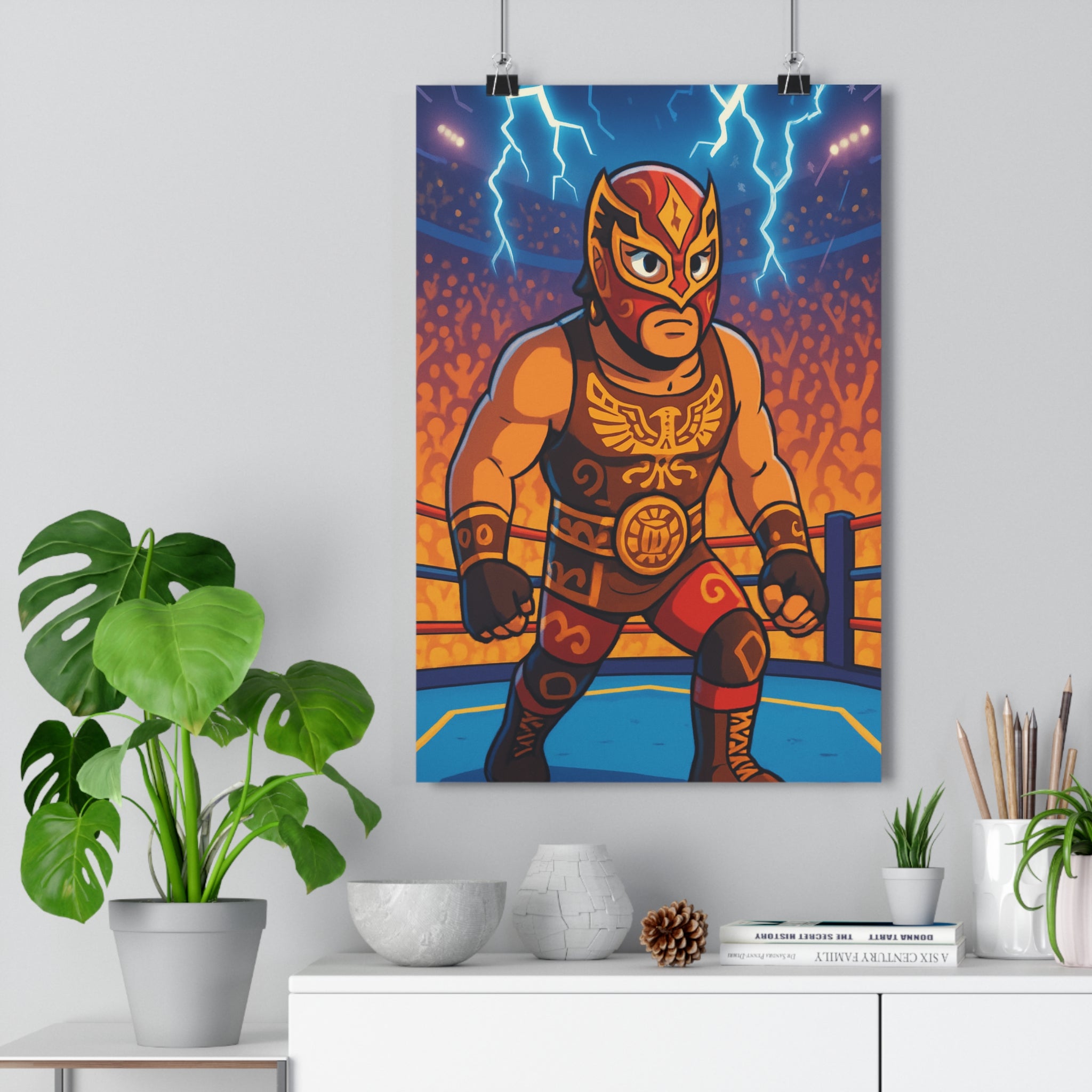 Poster décoratif lutteur masqué combat épique mythologie rouge doré ambiance dramatique intense énergique bureau