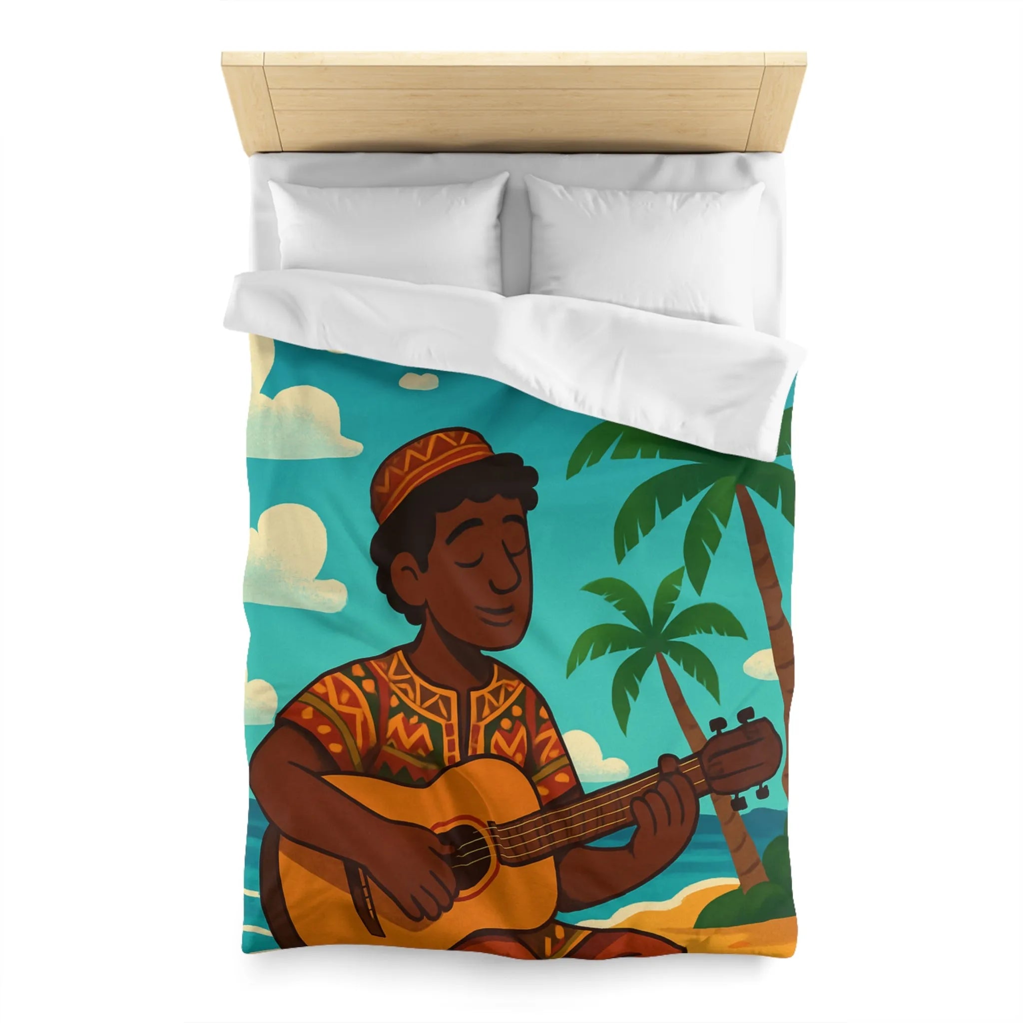 Housse de couette illustrée avec musicien joyeux sous les palmiers en bord de mer