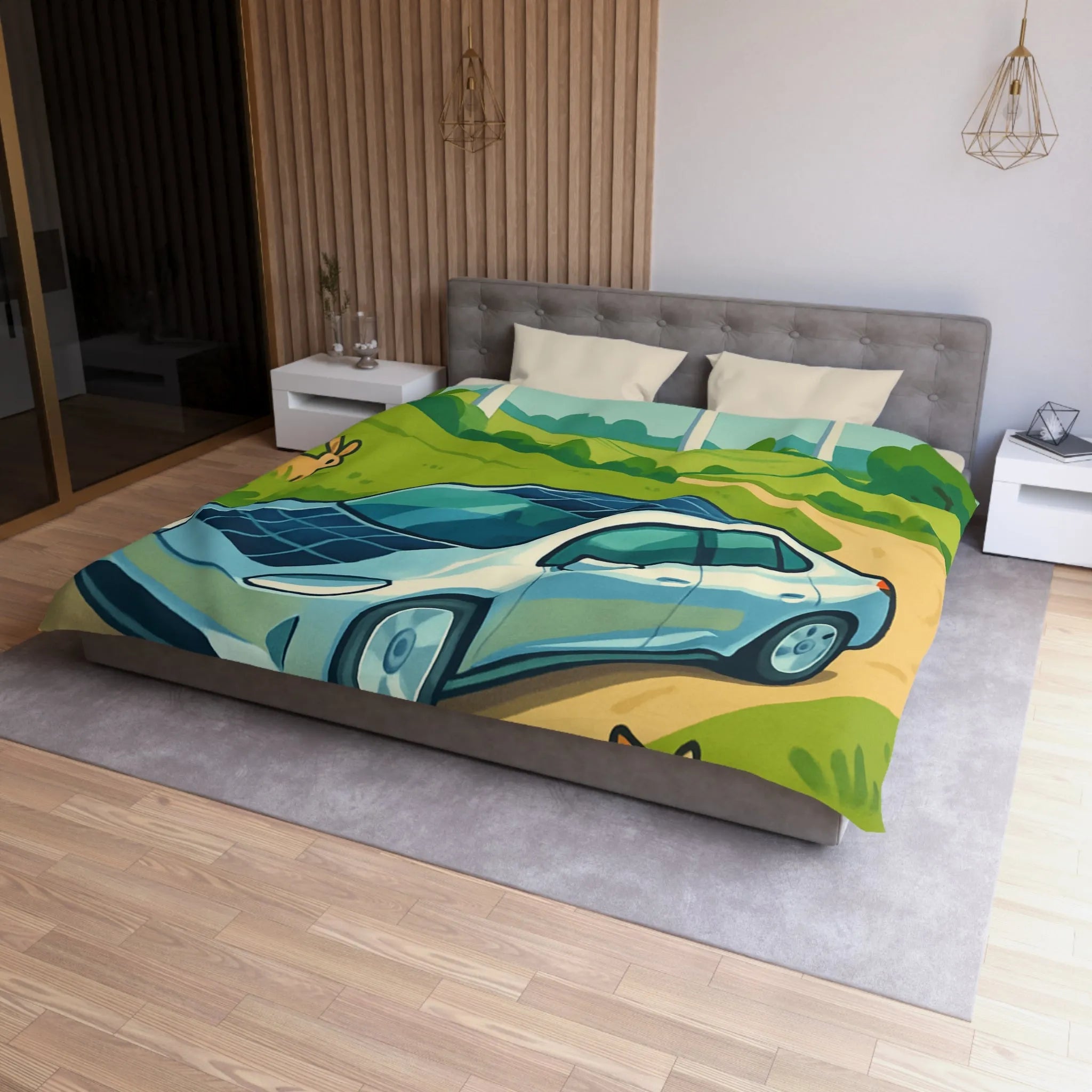 Housse de couette écologique avec voiture solaire, éoliennes et animaux dans la nature