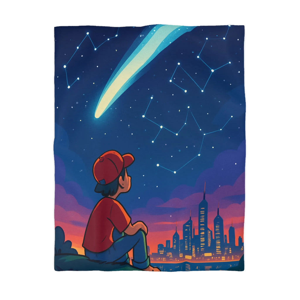 Housse de couette enfant rêveur regardant les étoiles et la ville illuminée