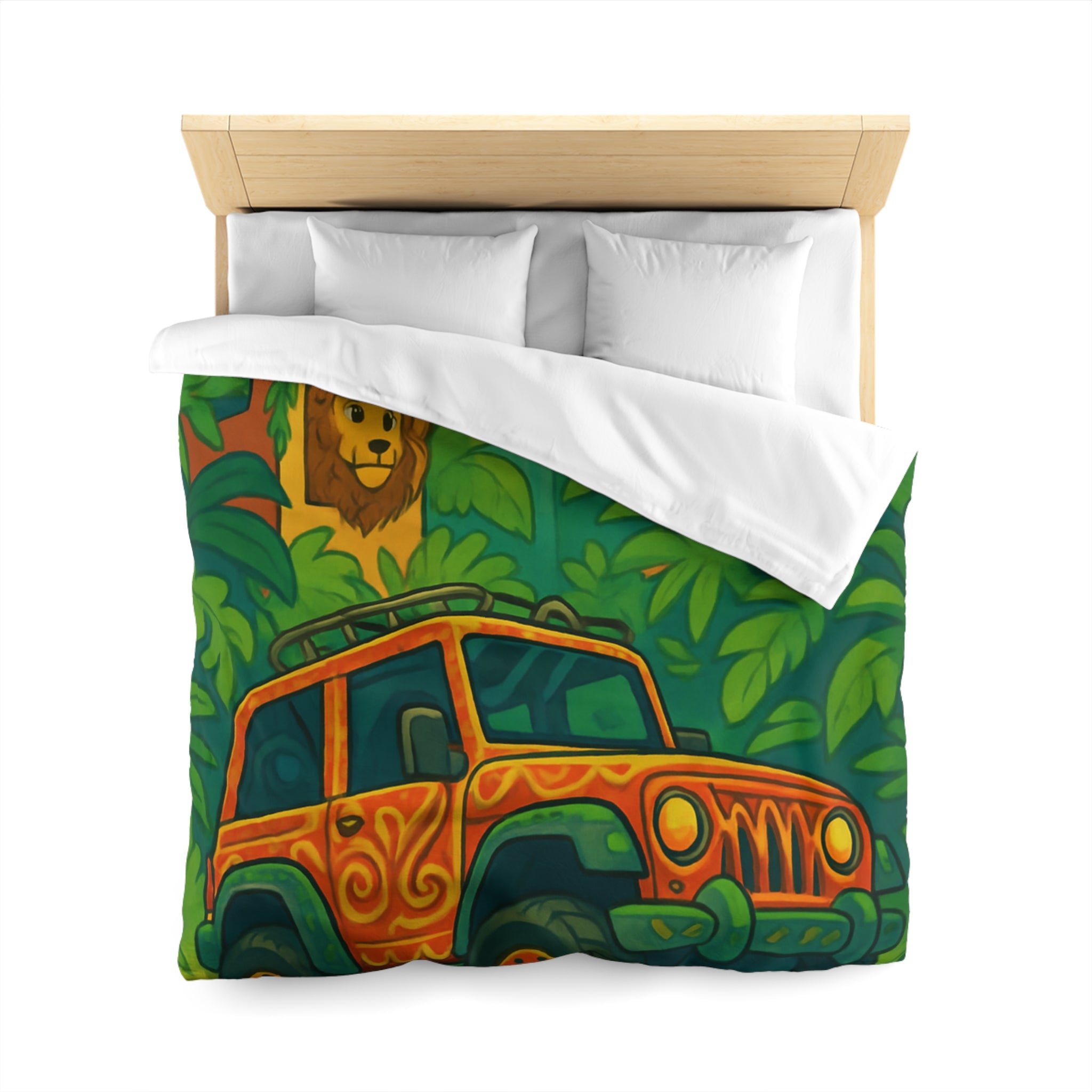 Housse de couette vibrante jungle aventure avec animaux et véhicule tout-terrain colorés