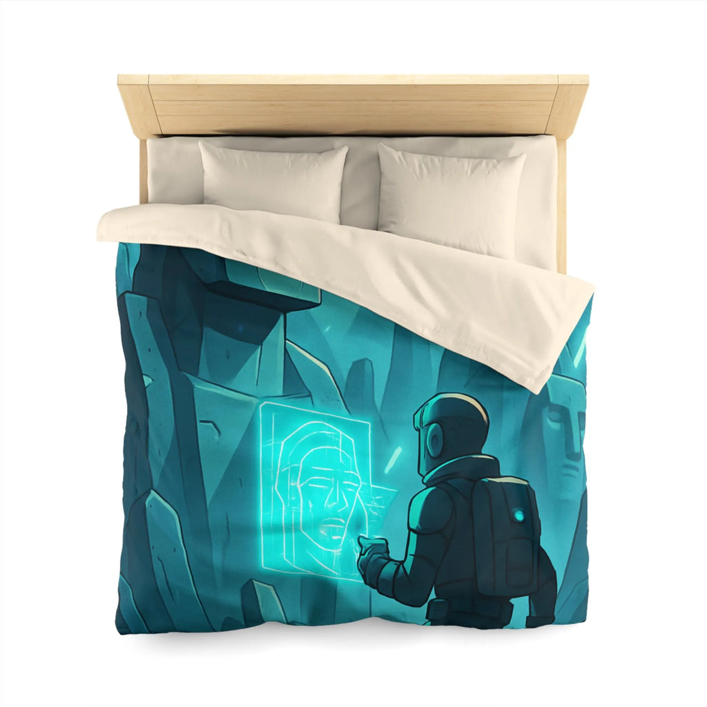 Housse de couette futuriste avec statues anciennes et explorateur dans une ambiance lumineuse néon