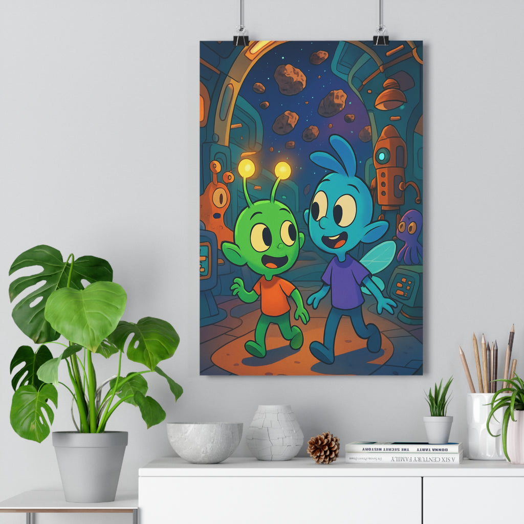 Poster décoratif coloré cartoon extraterrestre aventure alien vert bleu chambre enfant joyeux futuriste étoilé