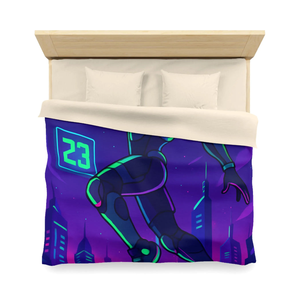 Housse de Couette Futuriste avec Robot Jouant au Basketball Lumineux dans Ville Néon