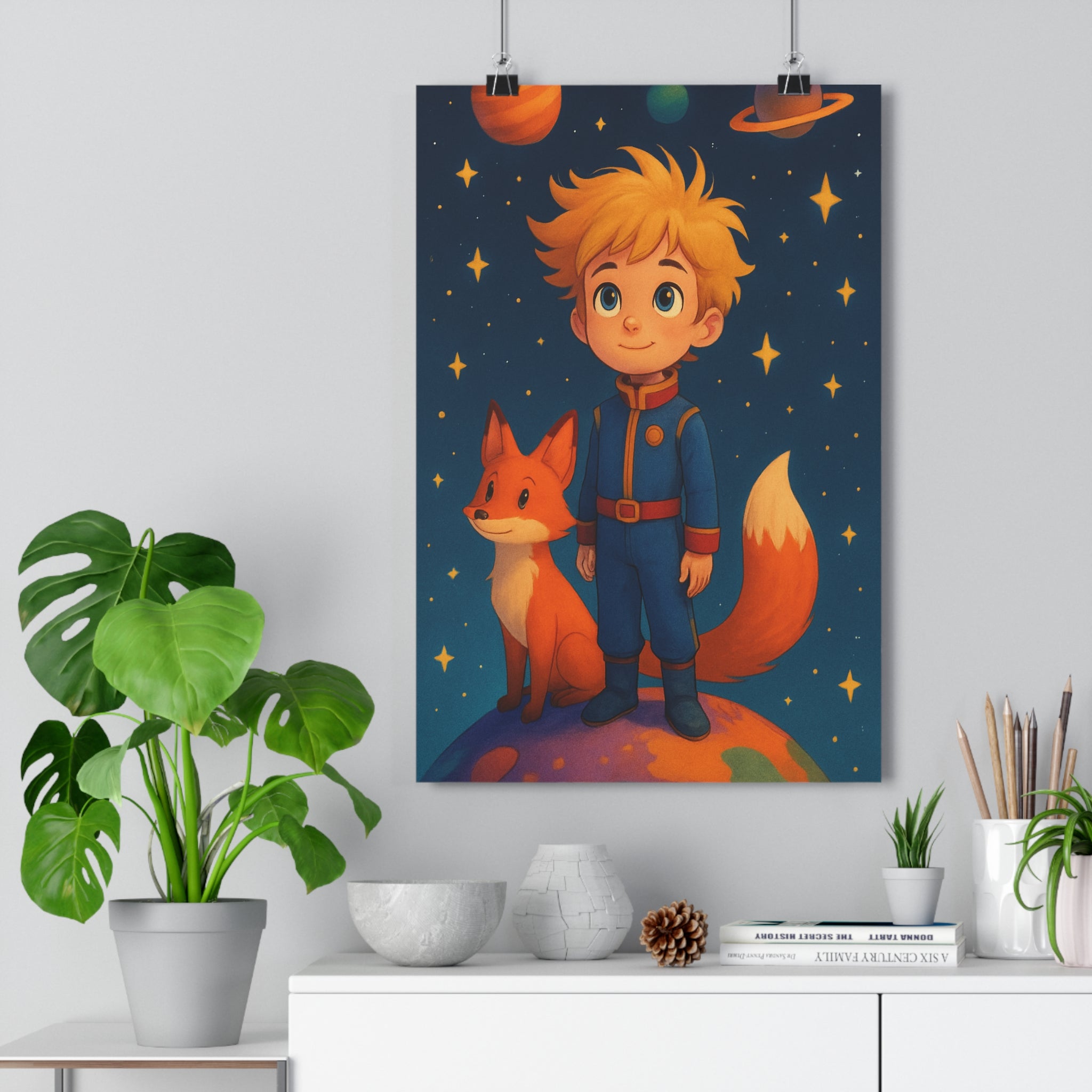 Poster décoratif dessin animé bleu orange aventure mystique enfant chambre magique rêveur étoiles planète