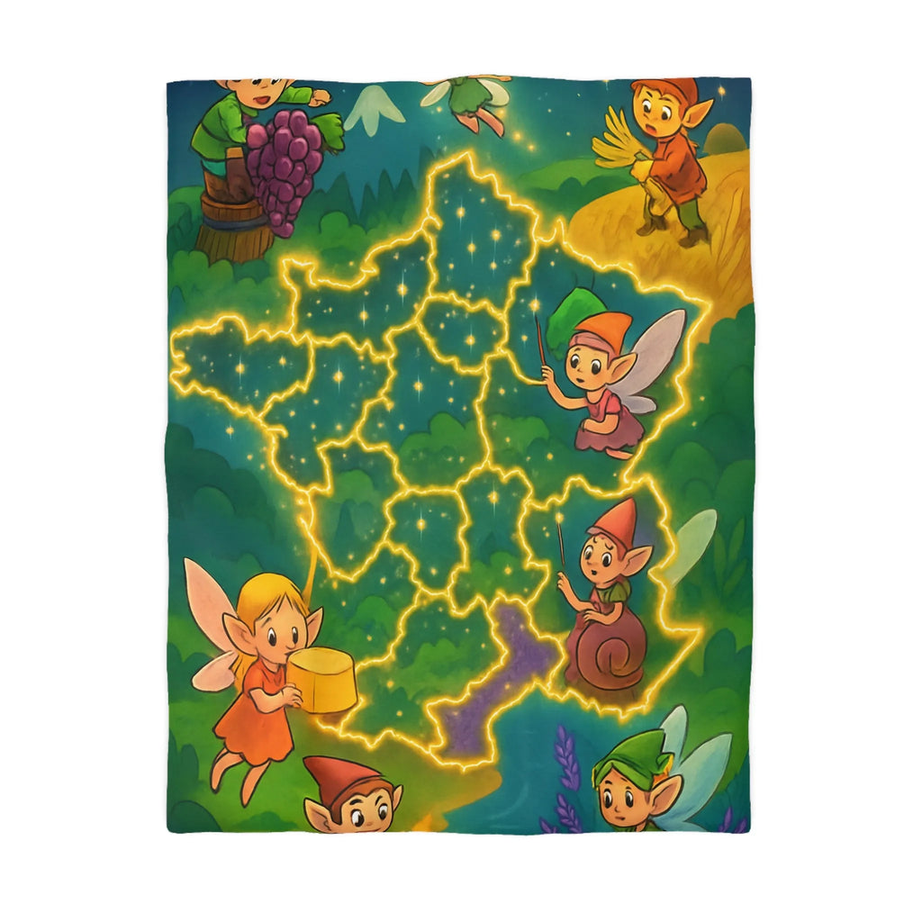 Housse de couette illustrée avec fées et lutins en carte de France enchantée
