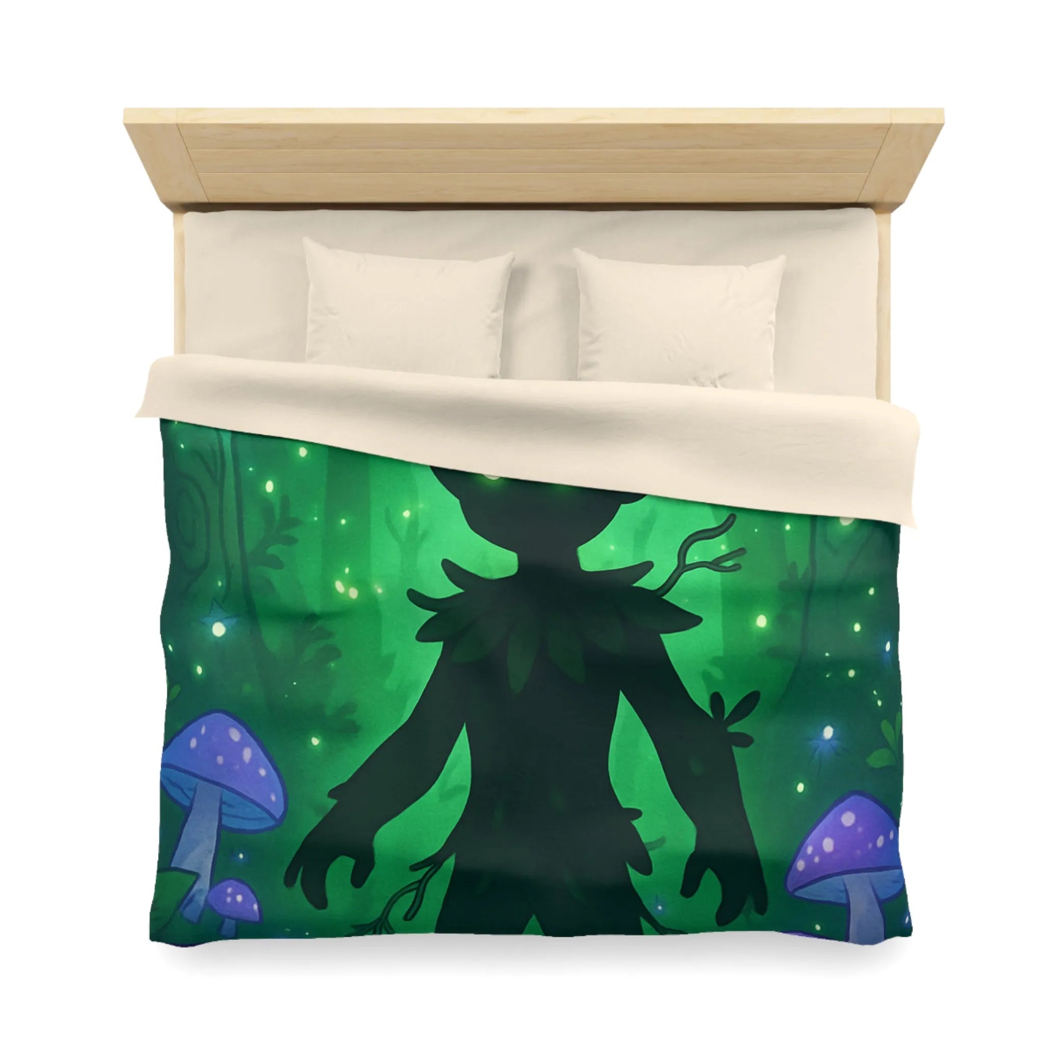 Housse de couette féerique avec créature forestière et champignons lumineux dans la nuit