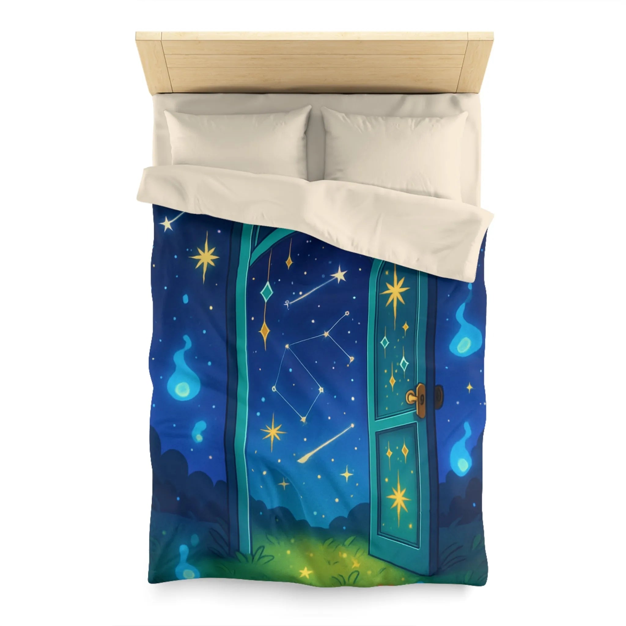 Housse de couette magique avec porte ouverte sur ciel étoilé bleu et constellations