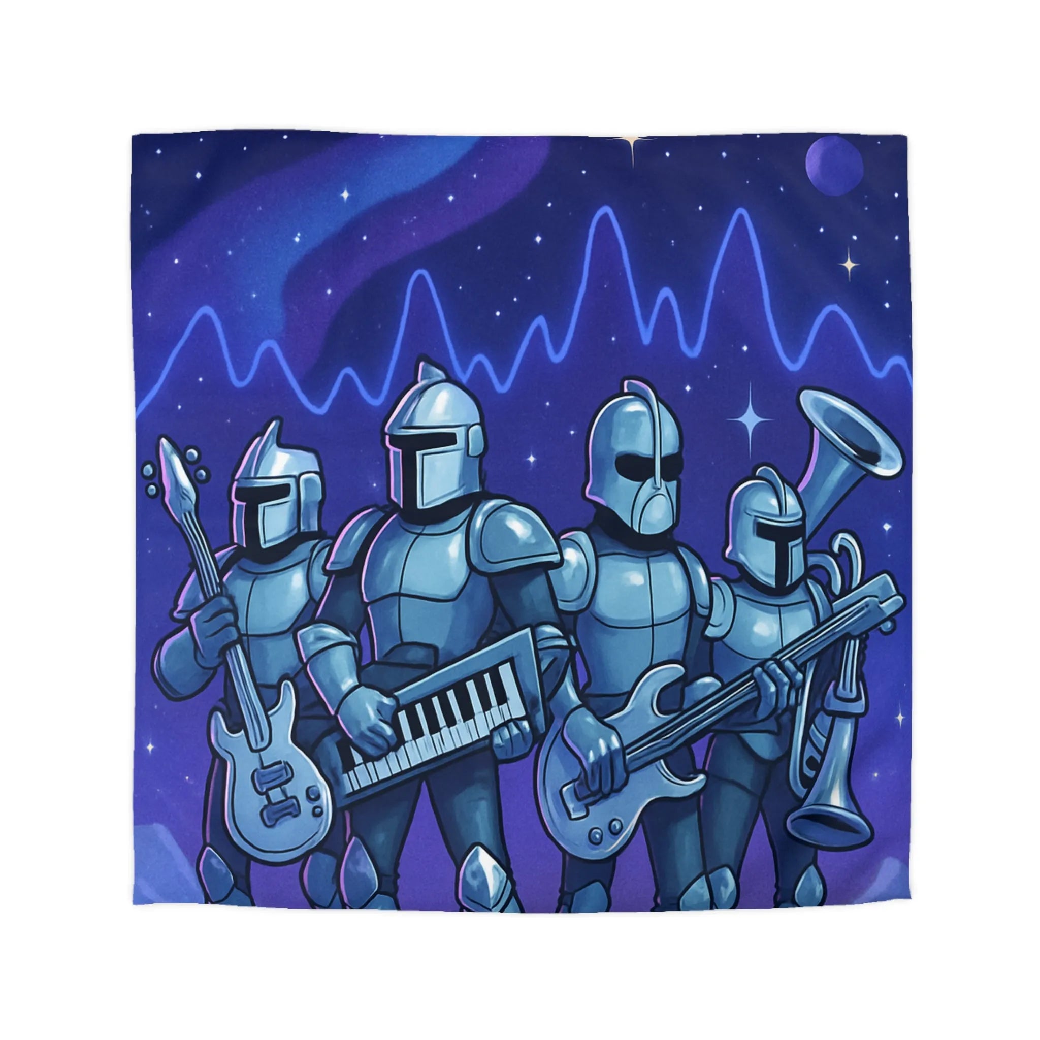 Housse de couette futuriste avec chevaliers musiciens sur fond spatial étoilé galactique