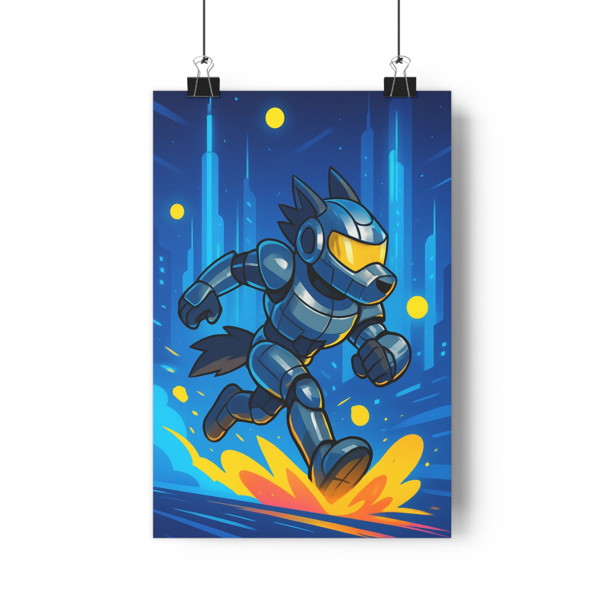 Poster décoratif sciencefiction robotisé bleu jaune futuriste urbain dynamique chambre enfant art moderne qualité