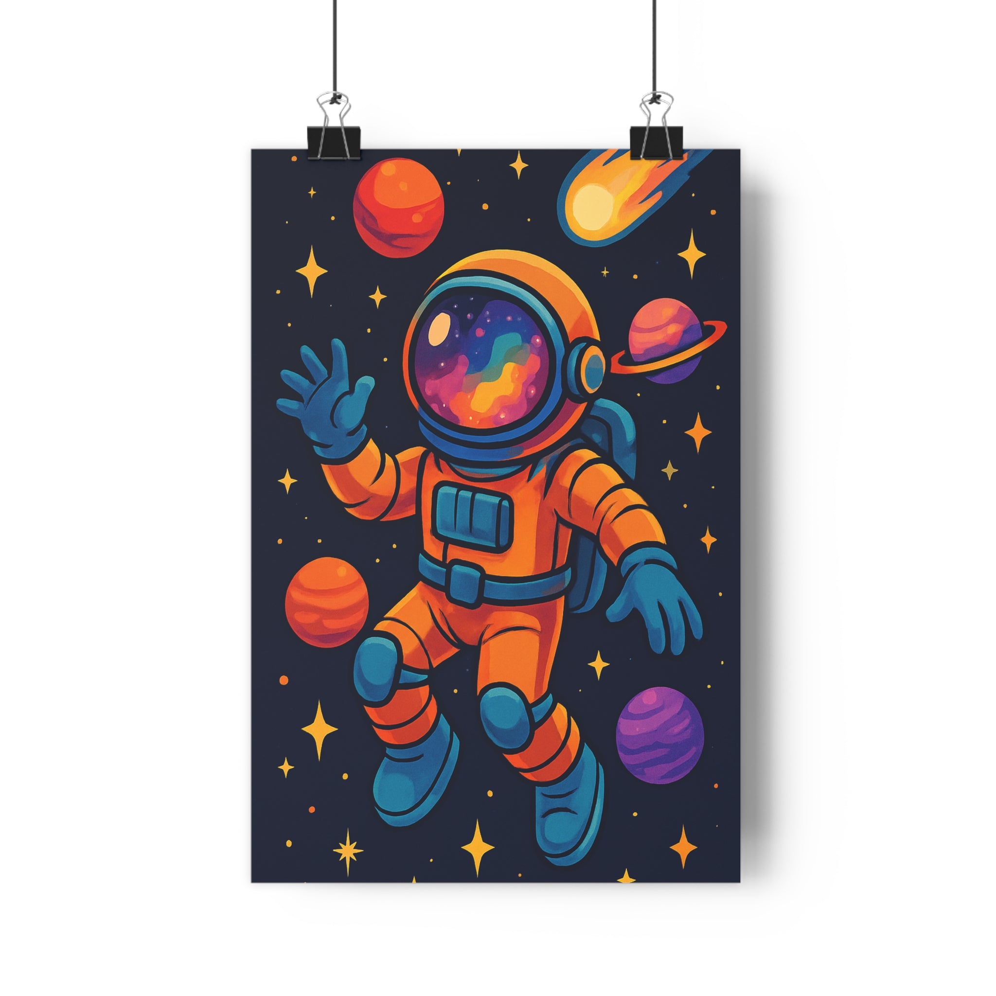 Poster décoratif astronaute espace coloré vibrant cosmos moderne chambre enfant aventure fantastique lumineux étoilé