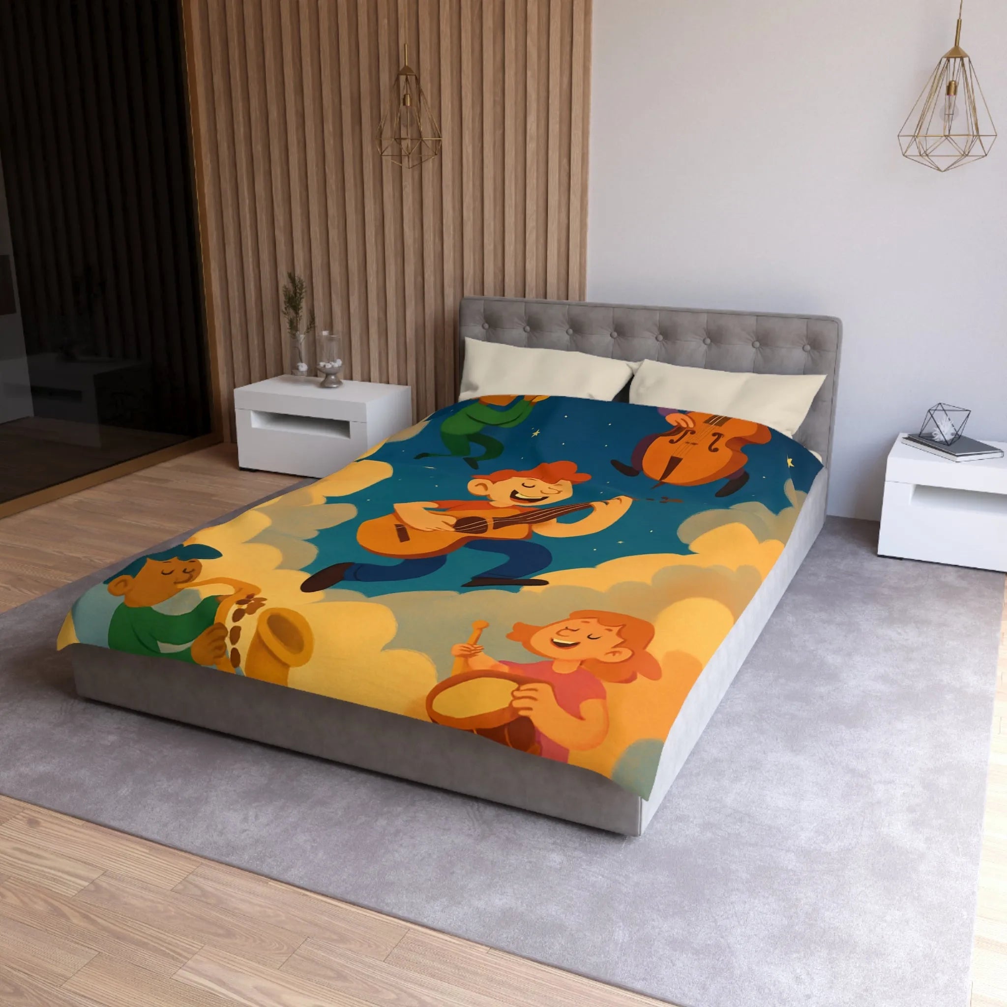 Housse de couette colorée avec musiciens joyeux flottant parmi les nuages étoilés