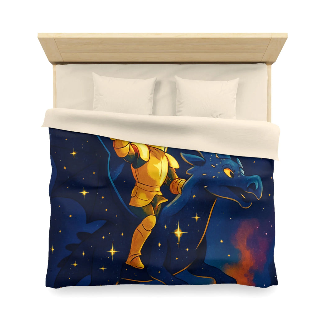 Housse de couette avec chevalier et dragon volant sous étoiles et château magique