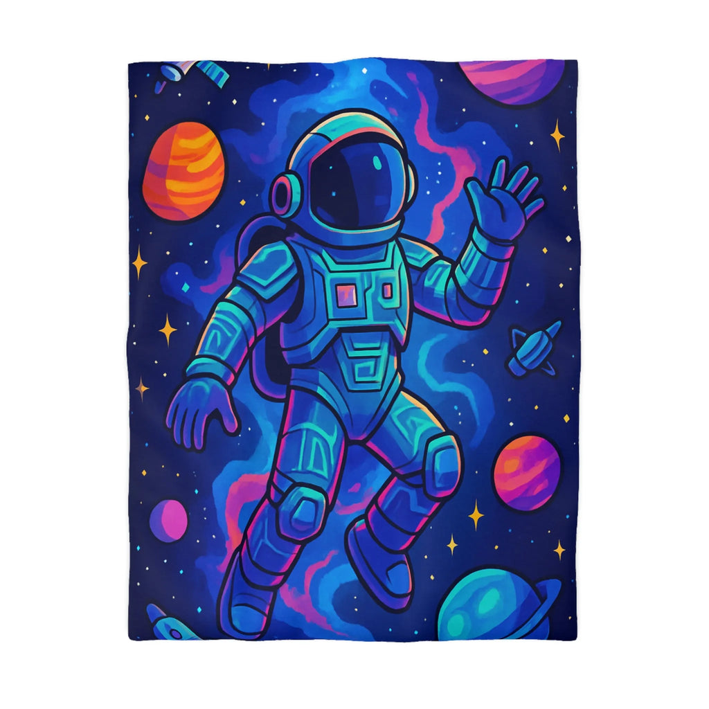 Housse de couette astronautique colorée spatiale avec planètes, étoiles et vaisseau cosmique dessins