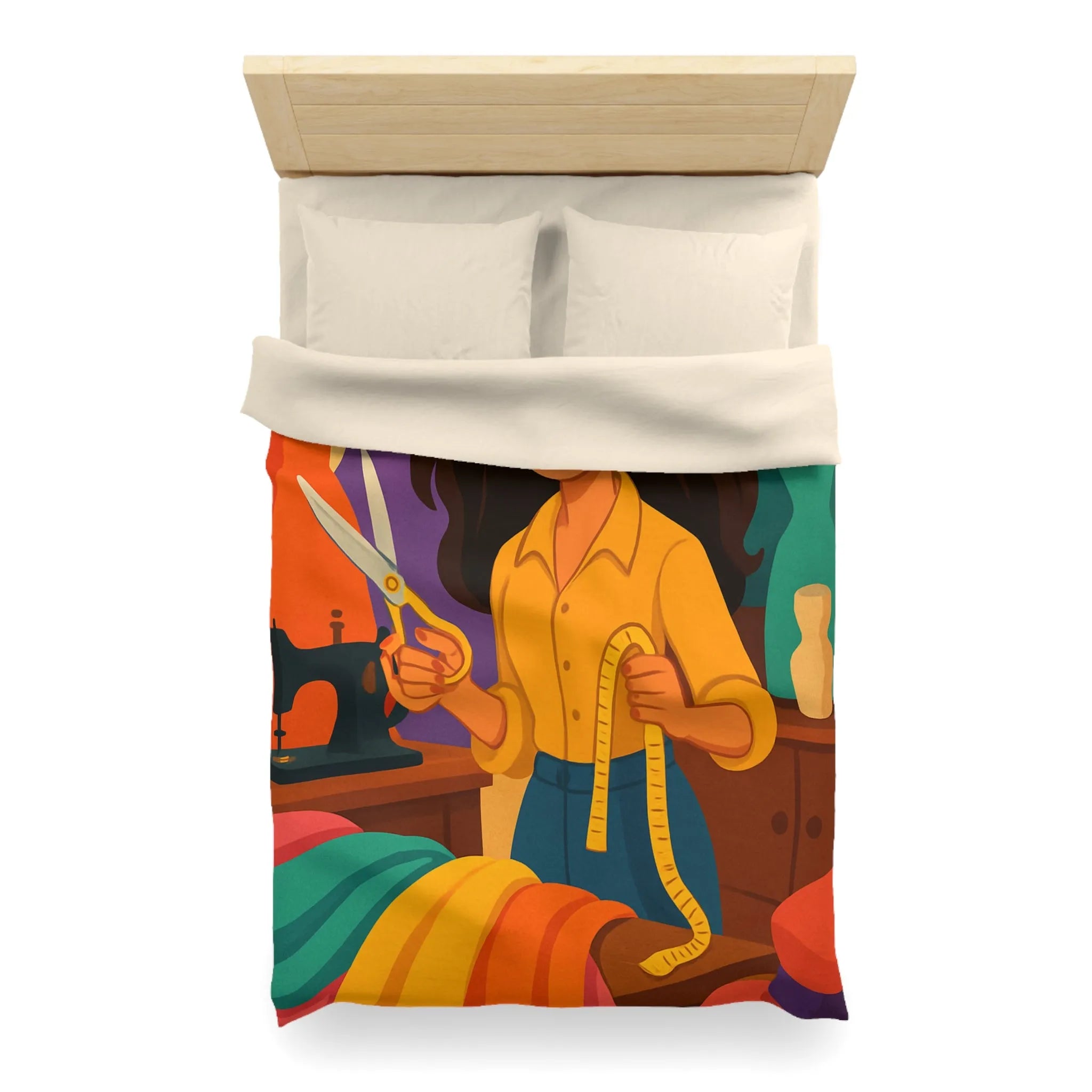 Housse de couette colorée avec motifs de couturière, outils et mannequins élégants