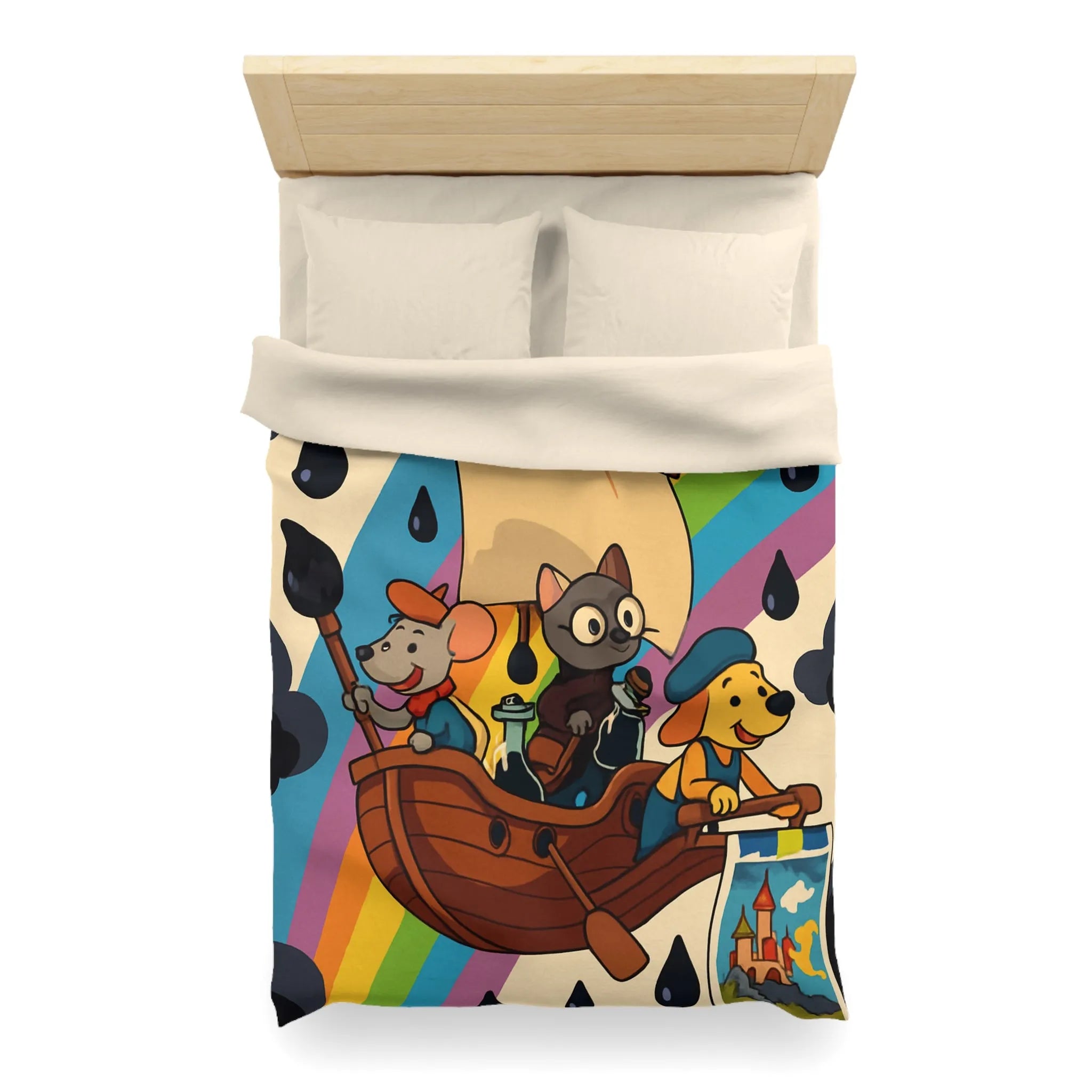 Housse de couette enfant avec animaux navigateurs sur arc-en-ciel et bateau enchanteur