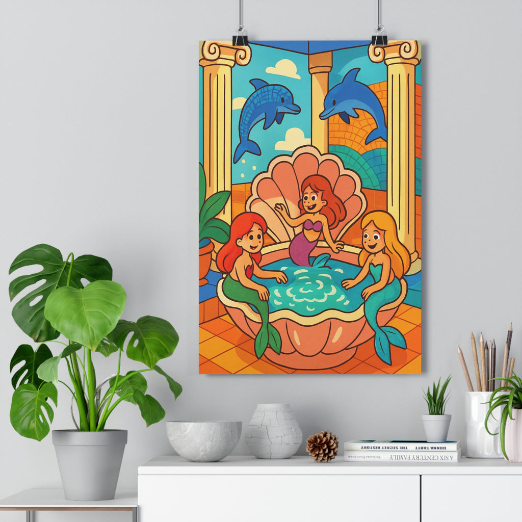 Poster décoratif mythologique sirènes joyeuses bleu rose chambre enfant ludique spa 30x46 cm qualité