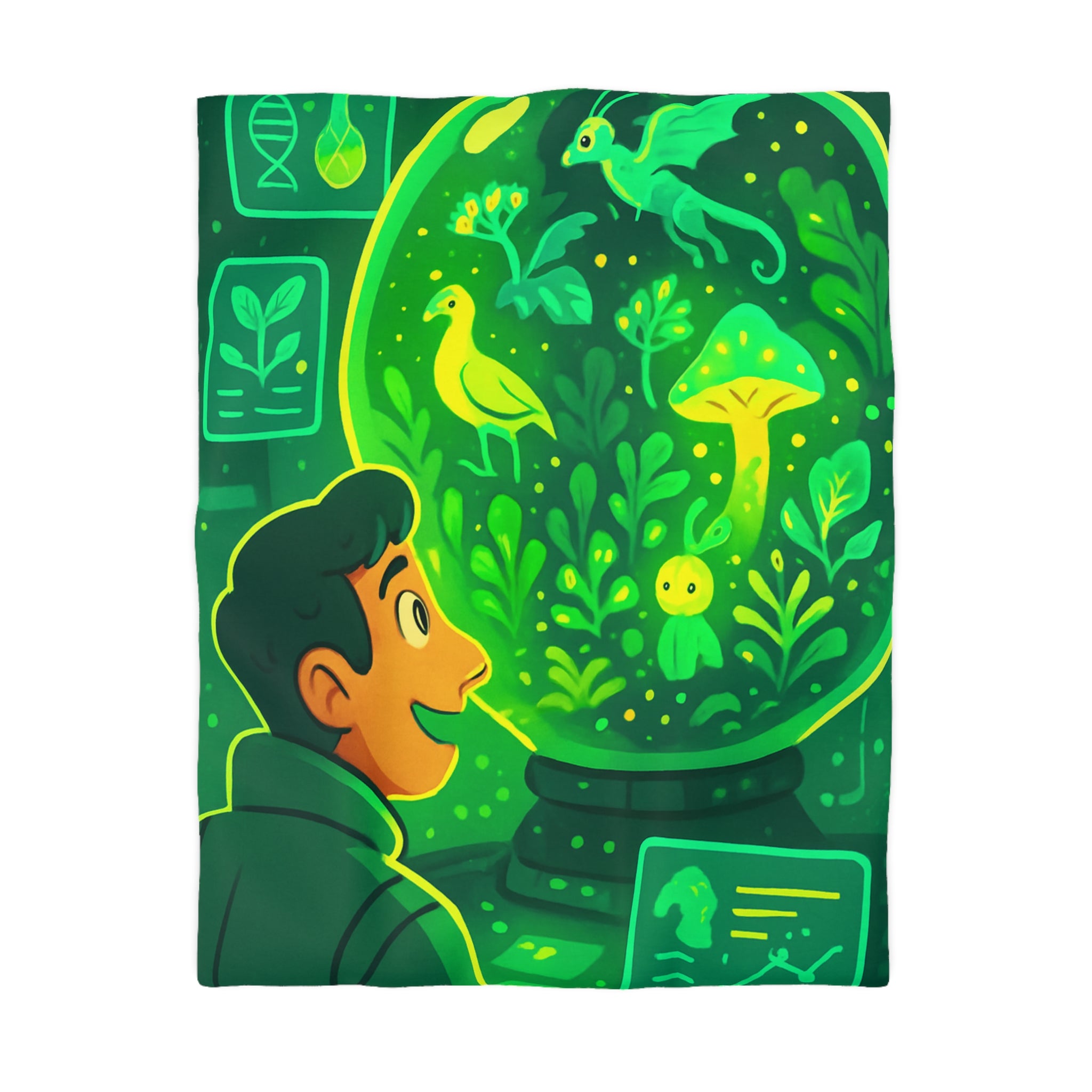 Housse de couette verte forêt magique avec créatures et éléments de laboratoire lumineux