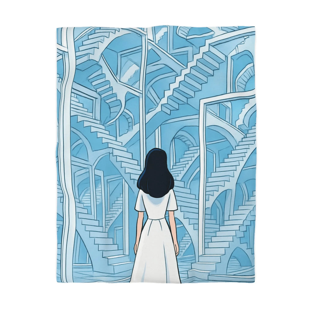 Housse de couette escalier infini en bleu avec femme en robe blanche contemporaine